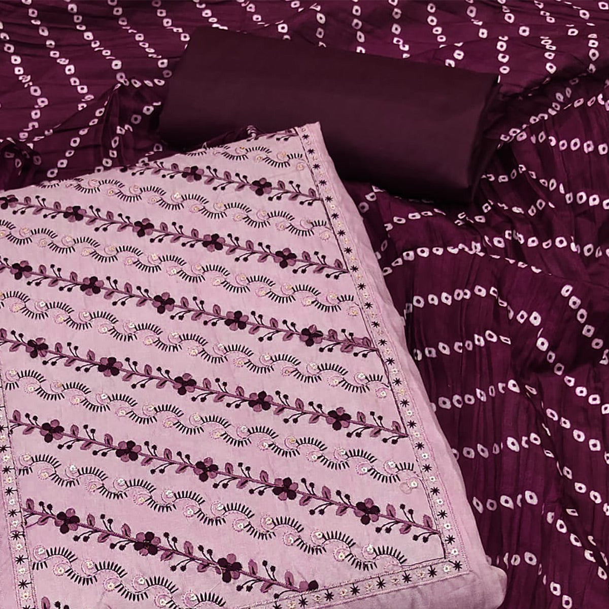 Pink Embroidered Raw Silk Dress Material