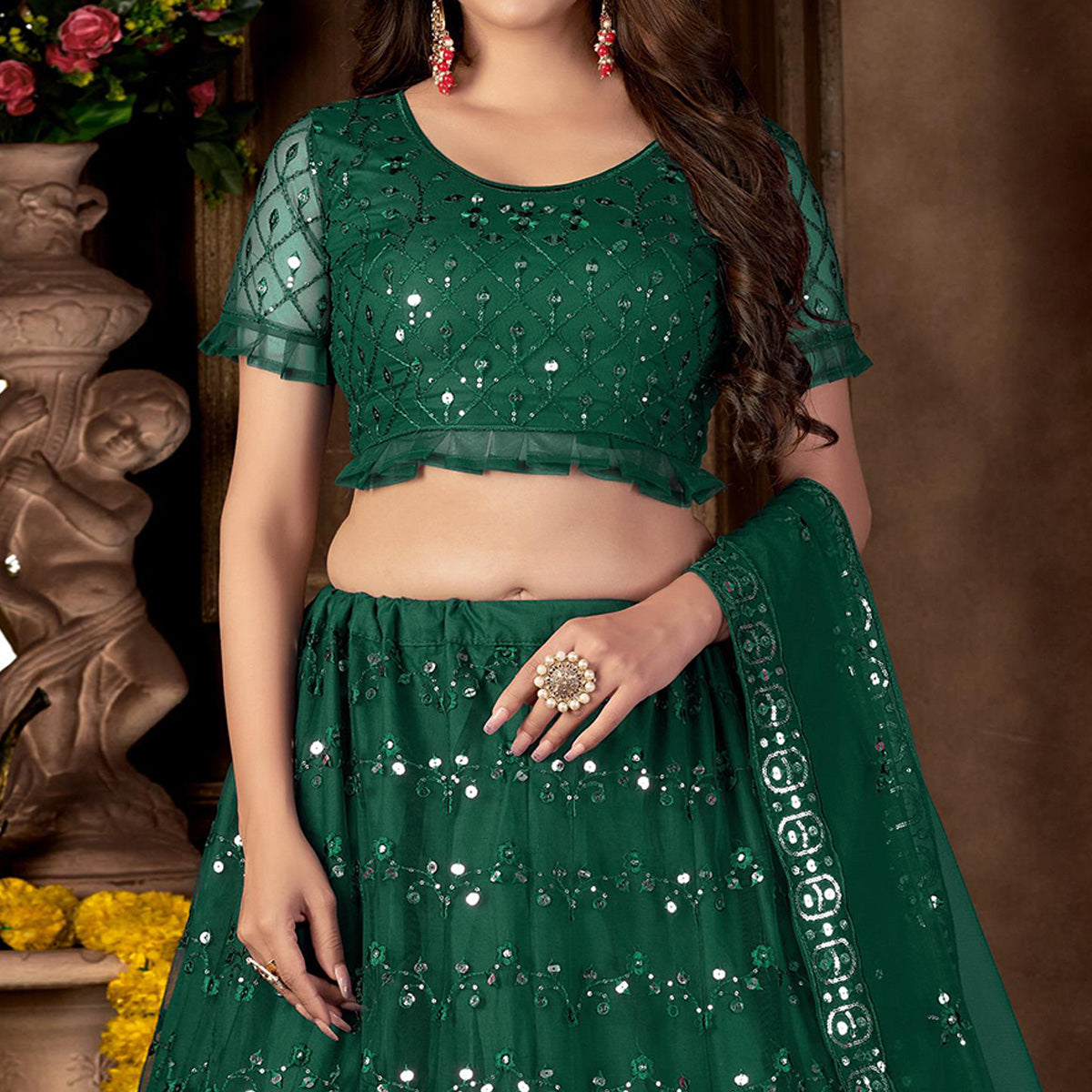 Green Sequins Embroidered Net Lehenga Choli