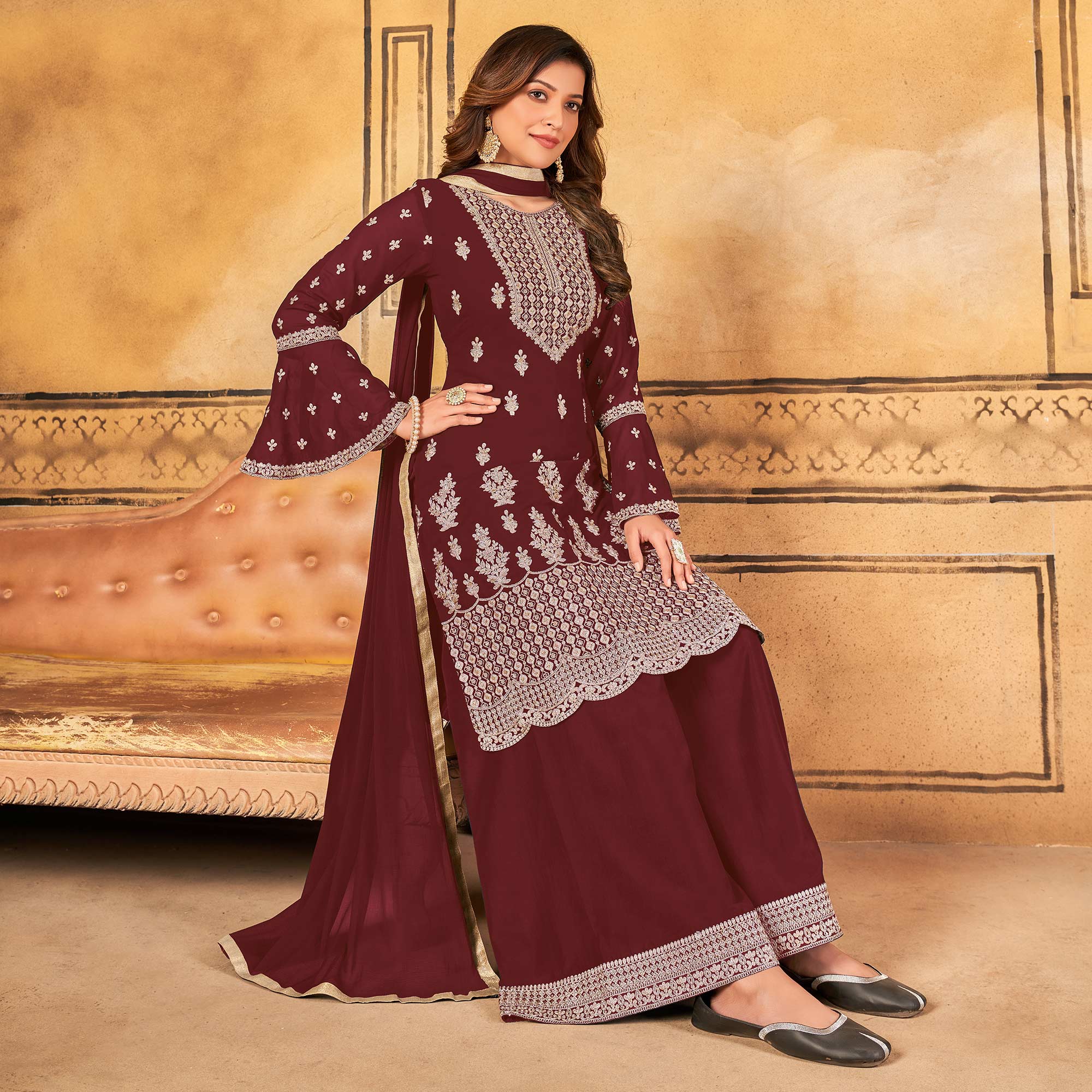 Maroon Floral Embroidered Georgette Palazzo Suit