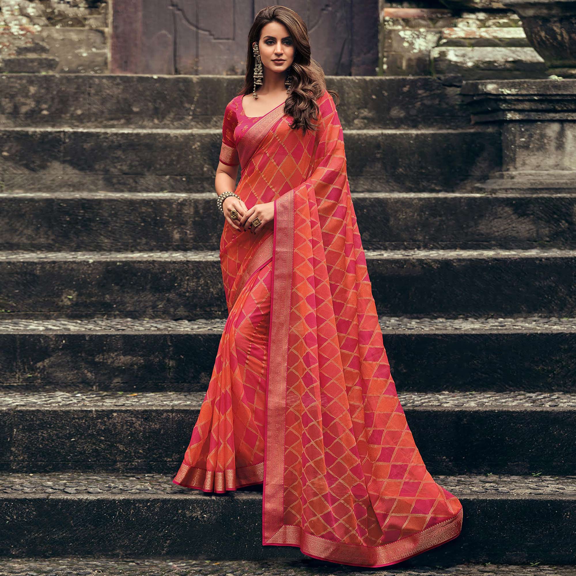 Peach & Pink Foil Printed Chiffon Saree