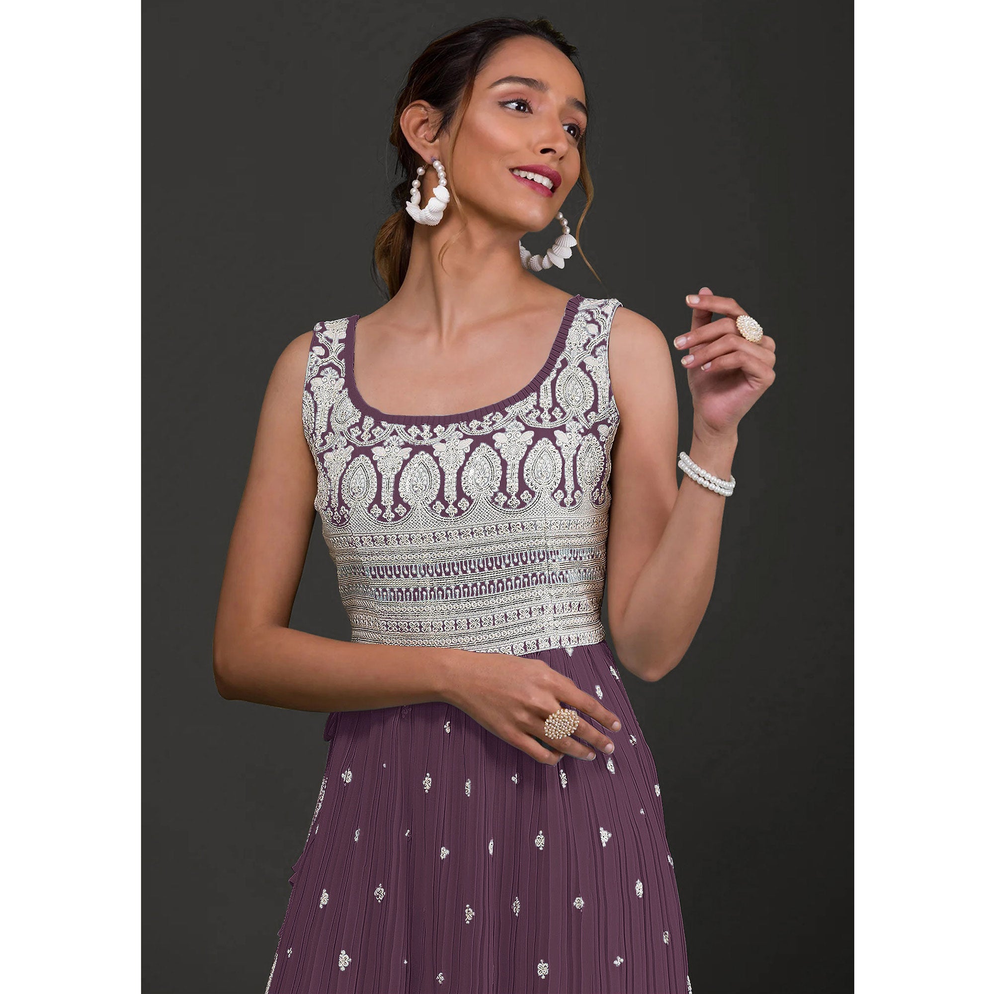 Plum Purple Sequins Embroidered Georgette Semi Stitched Naira Cut Palazzo Suit