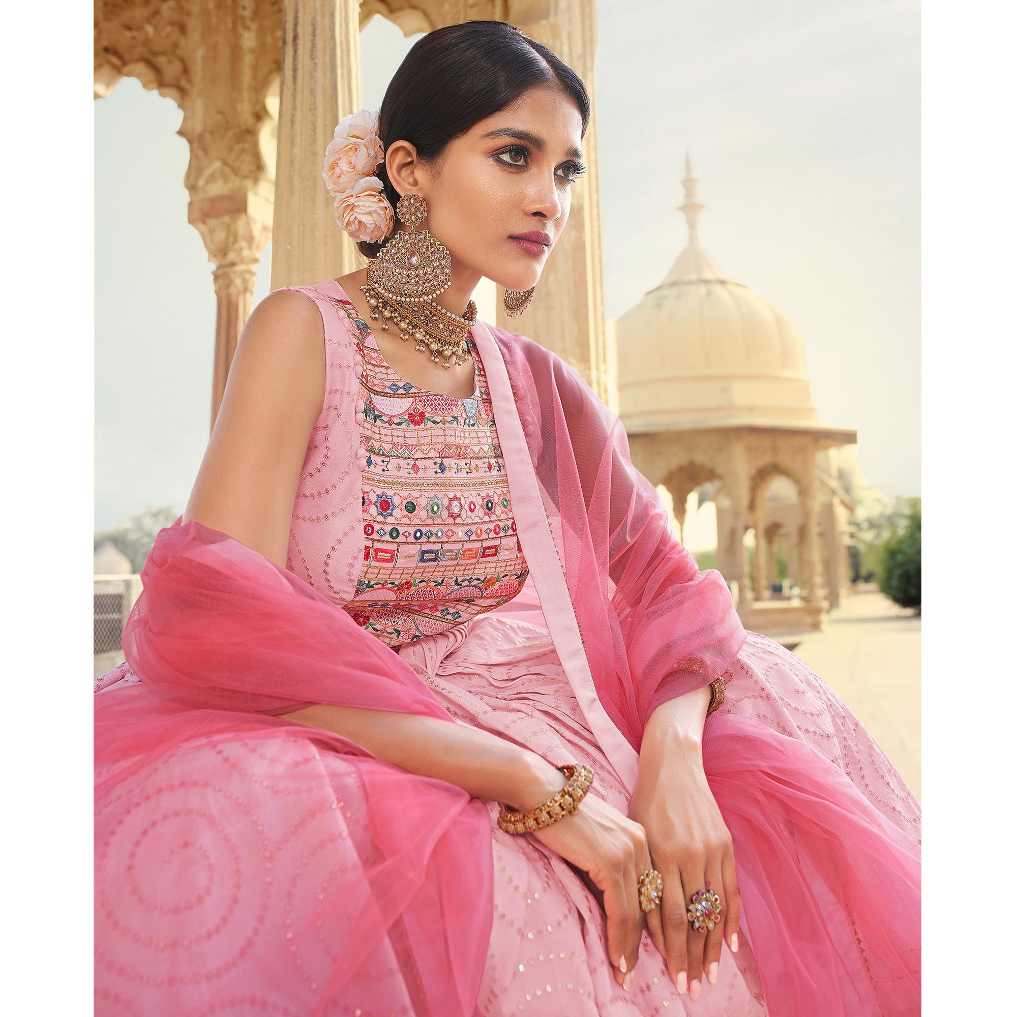 Light Pink Sequins Embroidered Raw Silk Gown