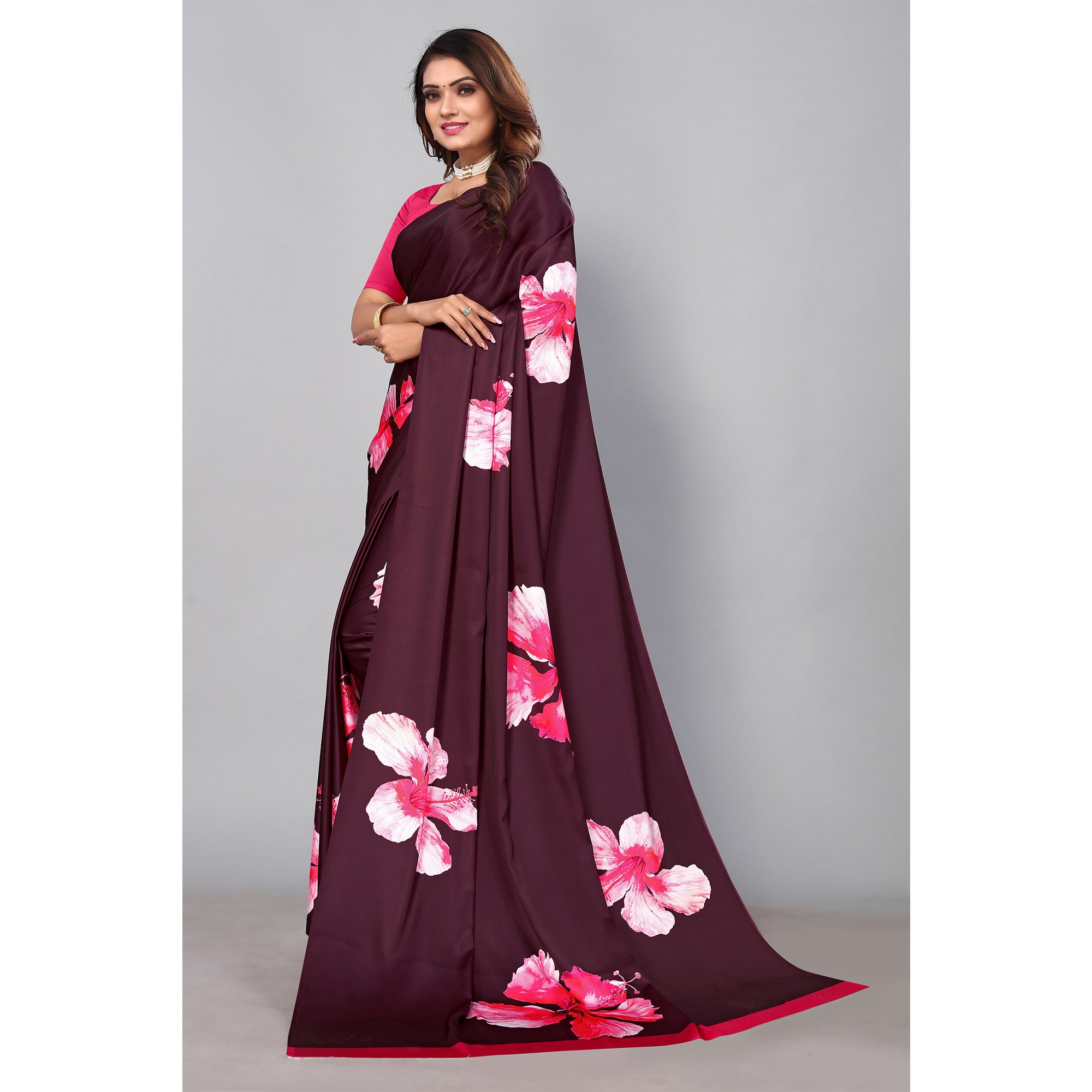 Wine Digital Printed Satin Saree