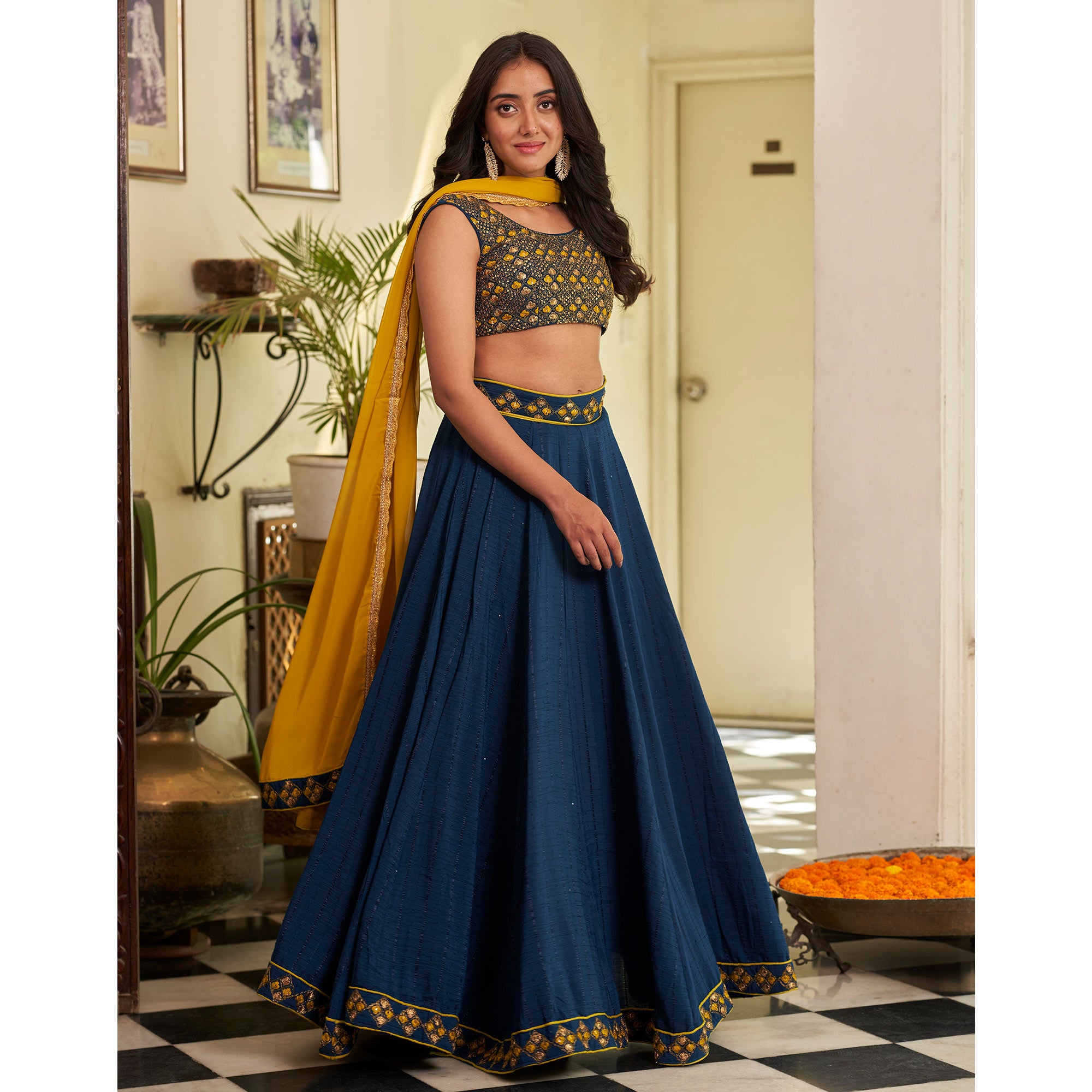 Blue Sequins Embroidered Chanderi Lehenga Choli