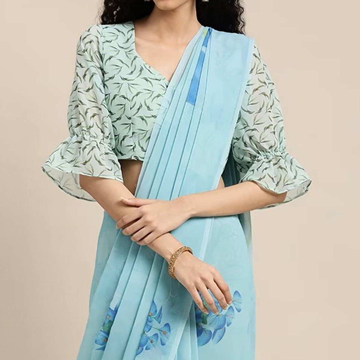 Sky Blue Floral Digital Printed Georgette Saree