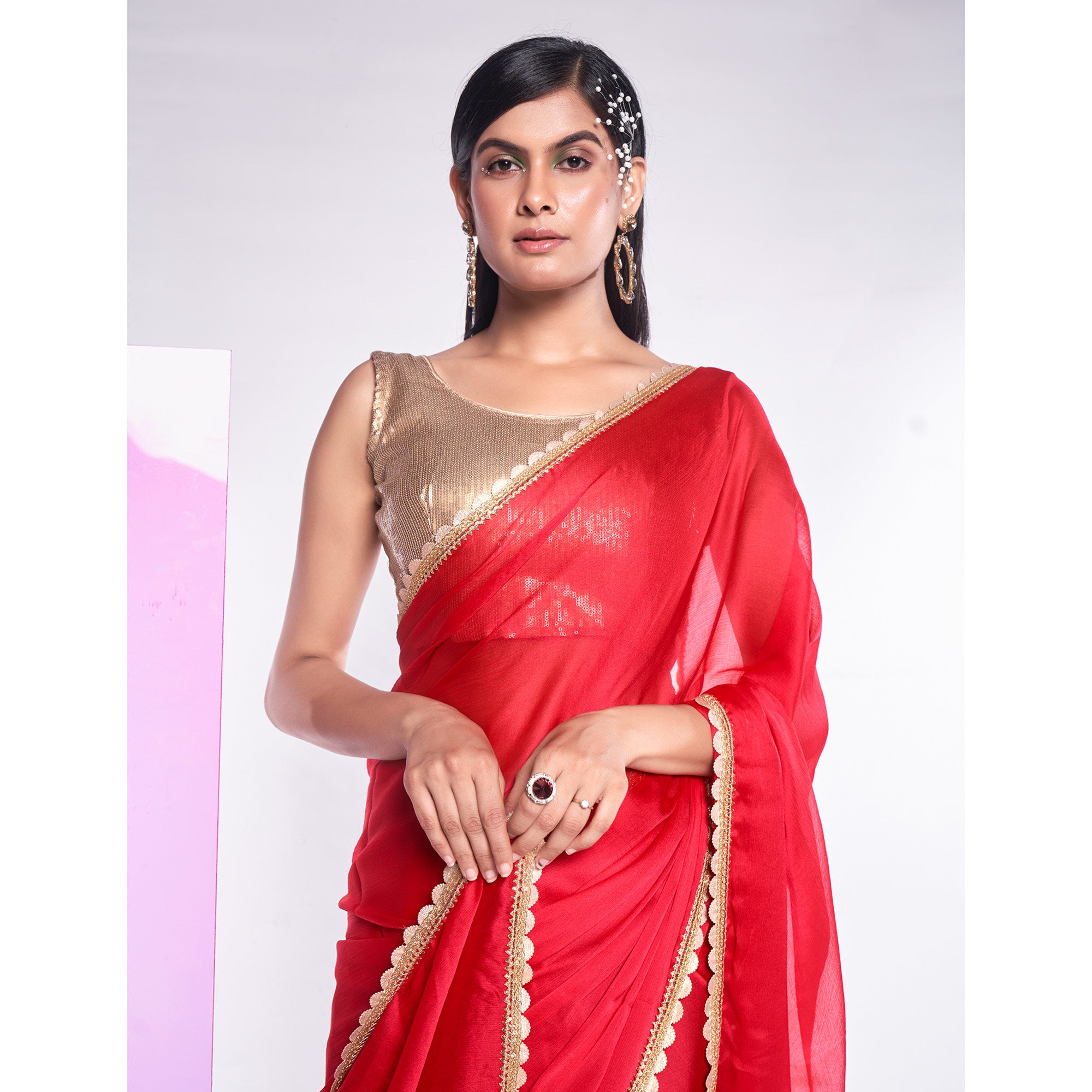 Pink Solid With Embroidered Border Georgette Saree