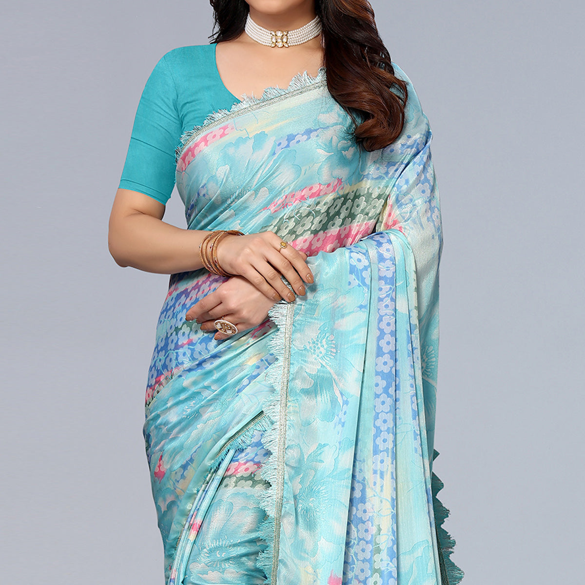 Sky Blue Floral Printed Art Silk Saree With Crochet Border