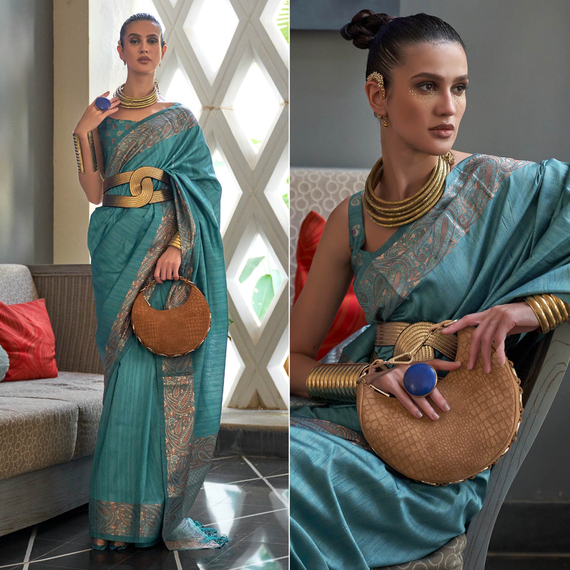 Aqua Blue Woven Tussar Silk Saree With Tassels