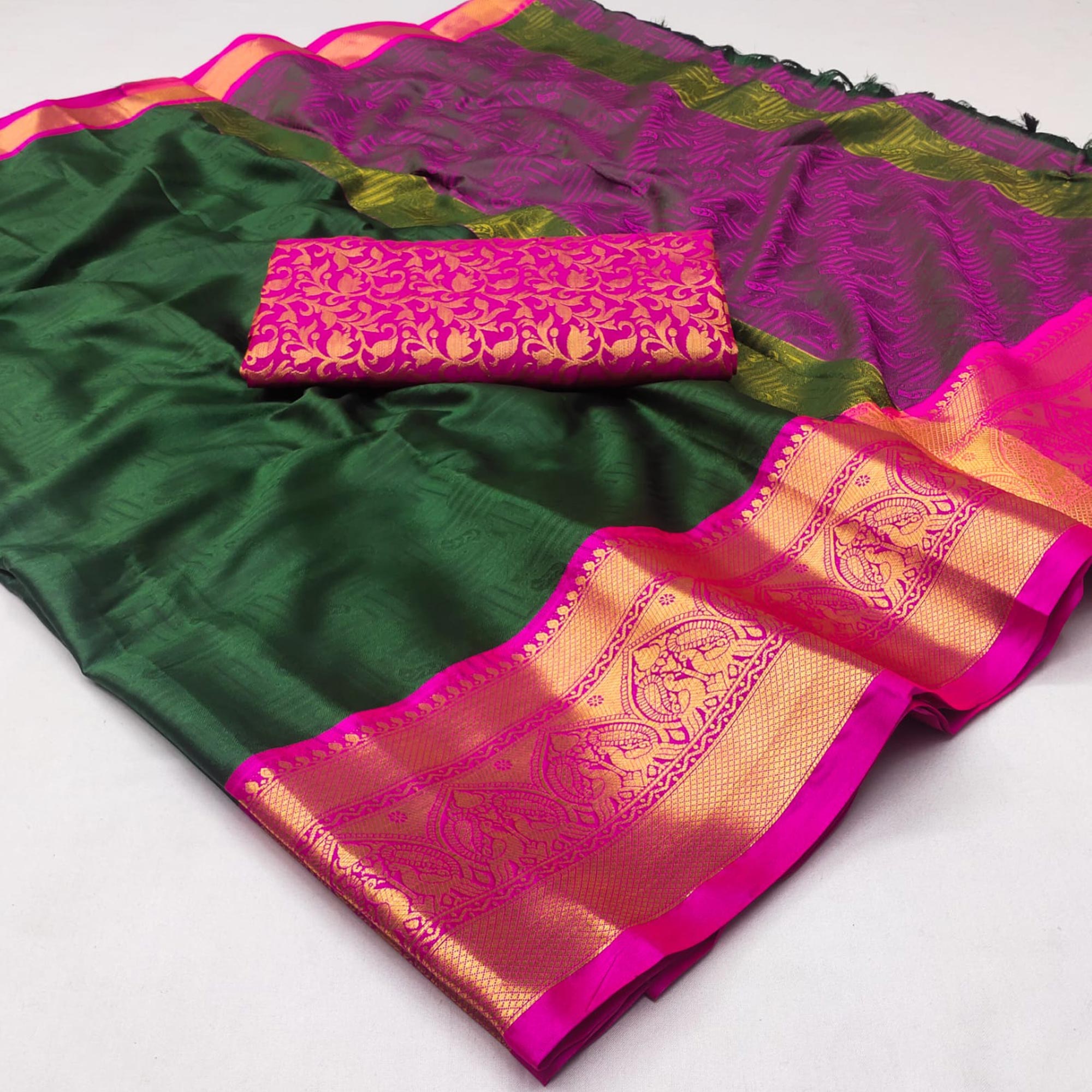 Bottle Green Woven Cotton Silk Saree With Tassels