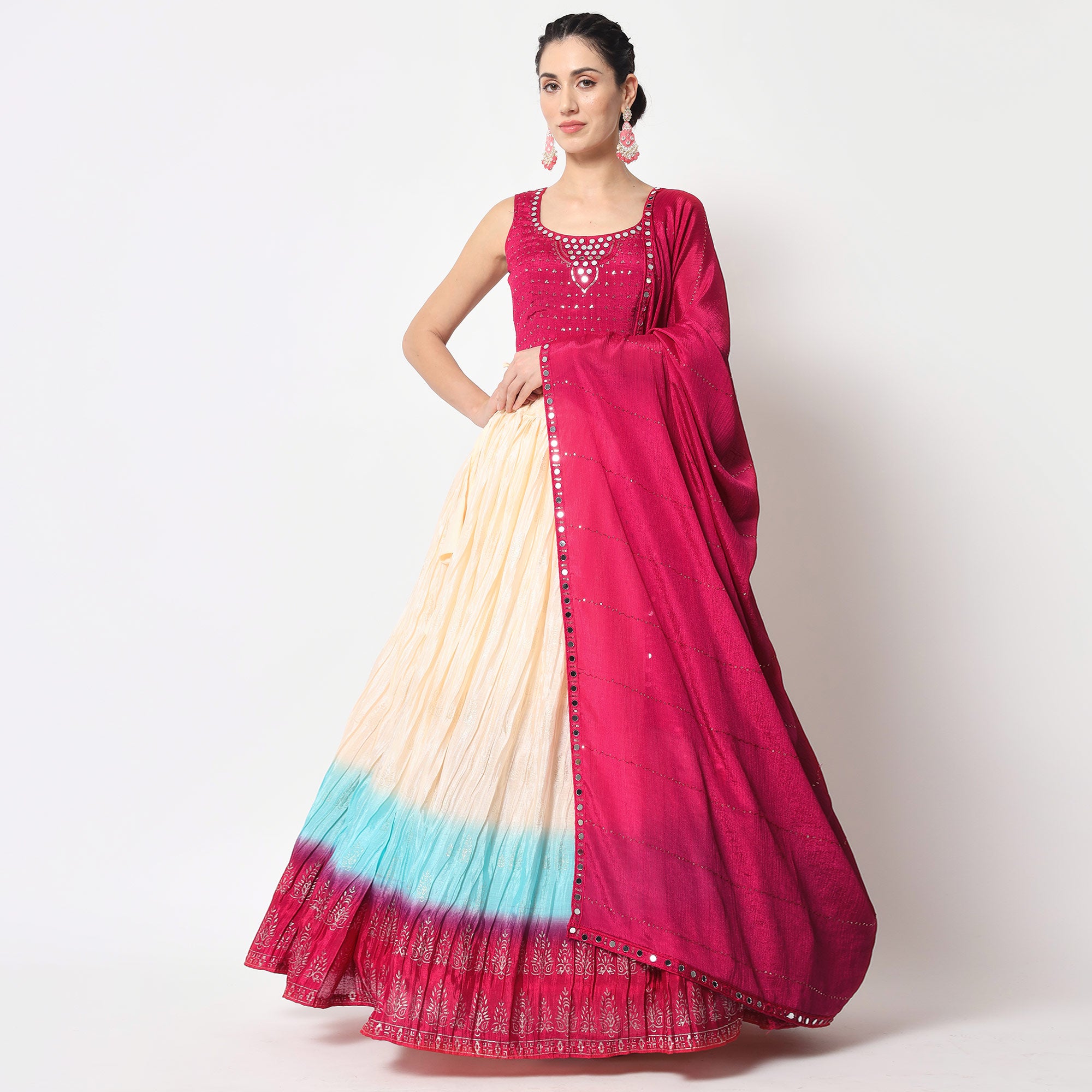 Cream Foil Printed Chiffon Lehenga Choli