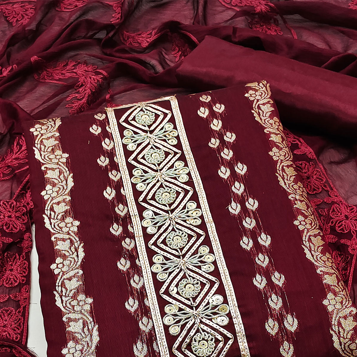 Maroon Woven Banarasi Silk Dress Material