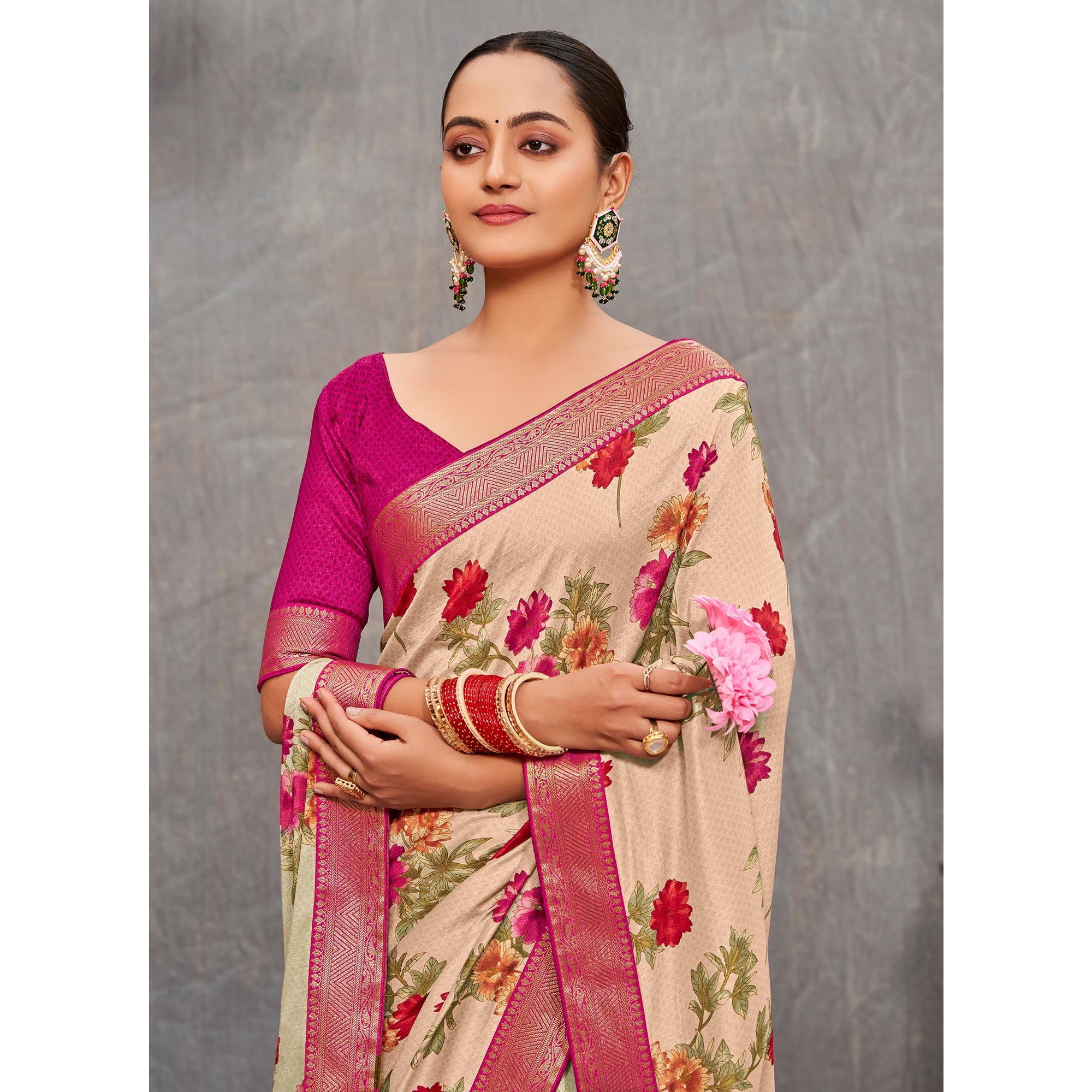 Beige Floral Printed Tussar Silk Saree
