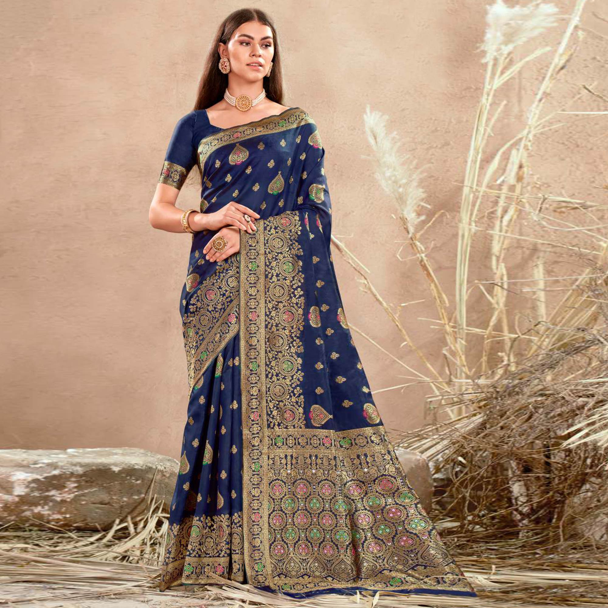 Navy Blue Floral Woven Art Silk Saree