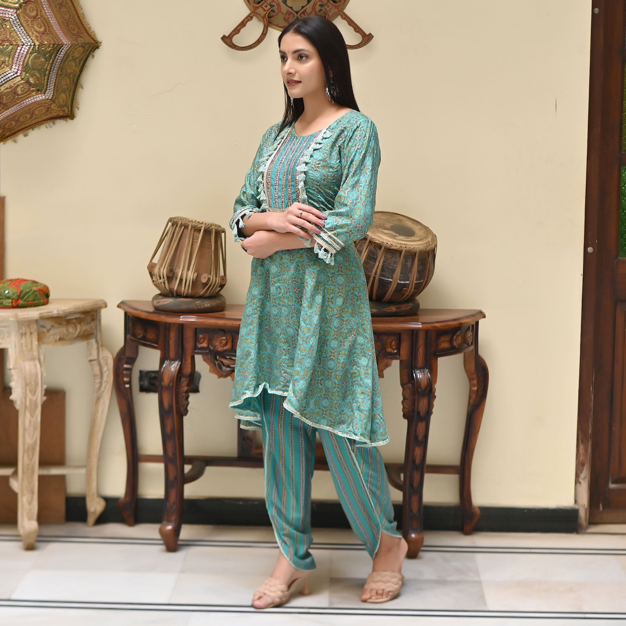 Sea Green Printed Muslin Kurti With Dhoti Set