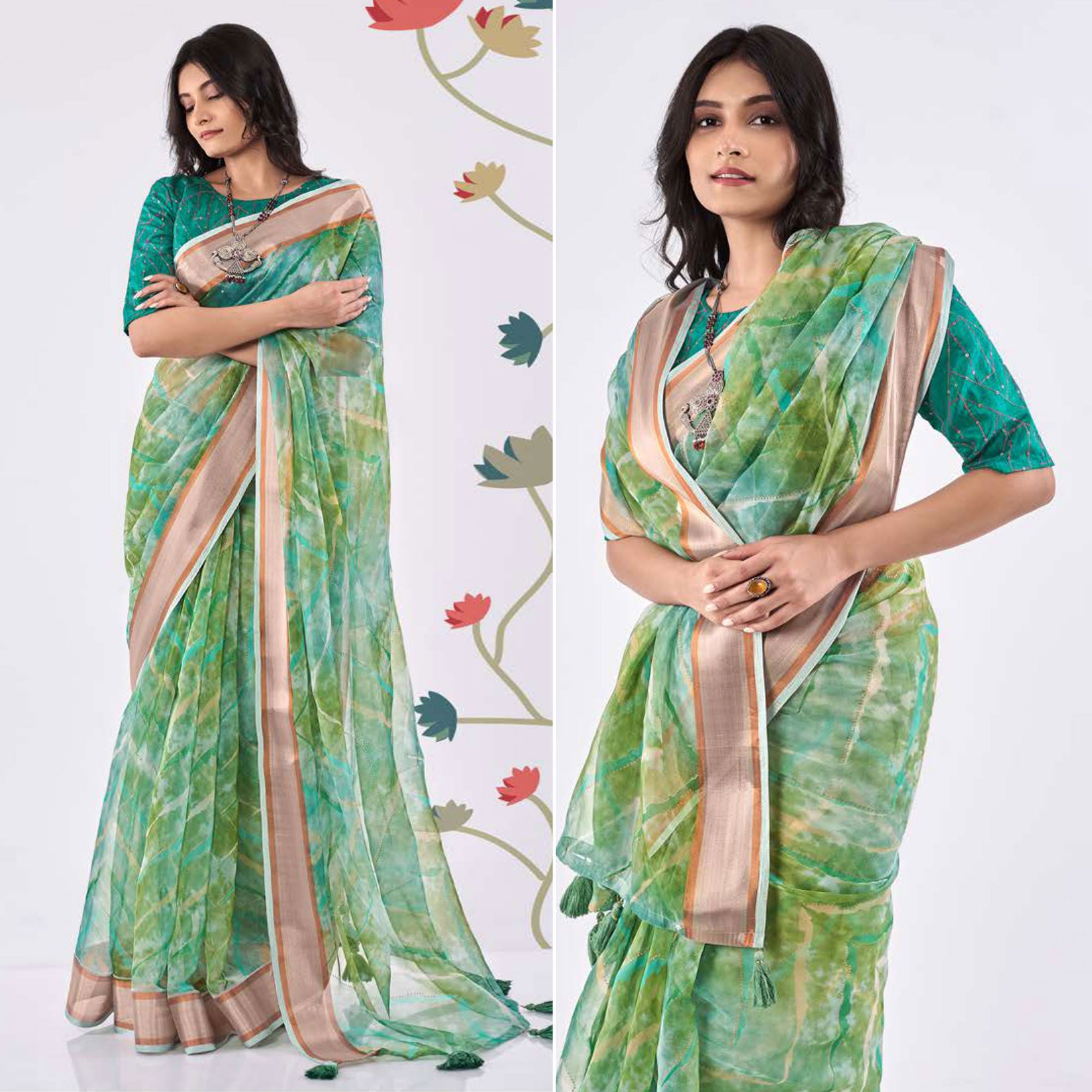 Green Printed Organza Saree With Woven Border