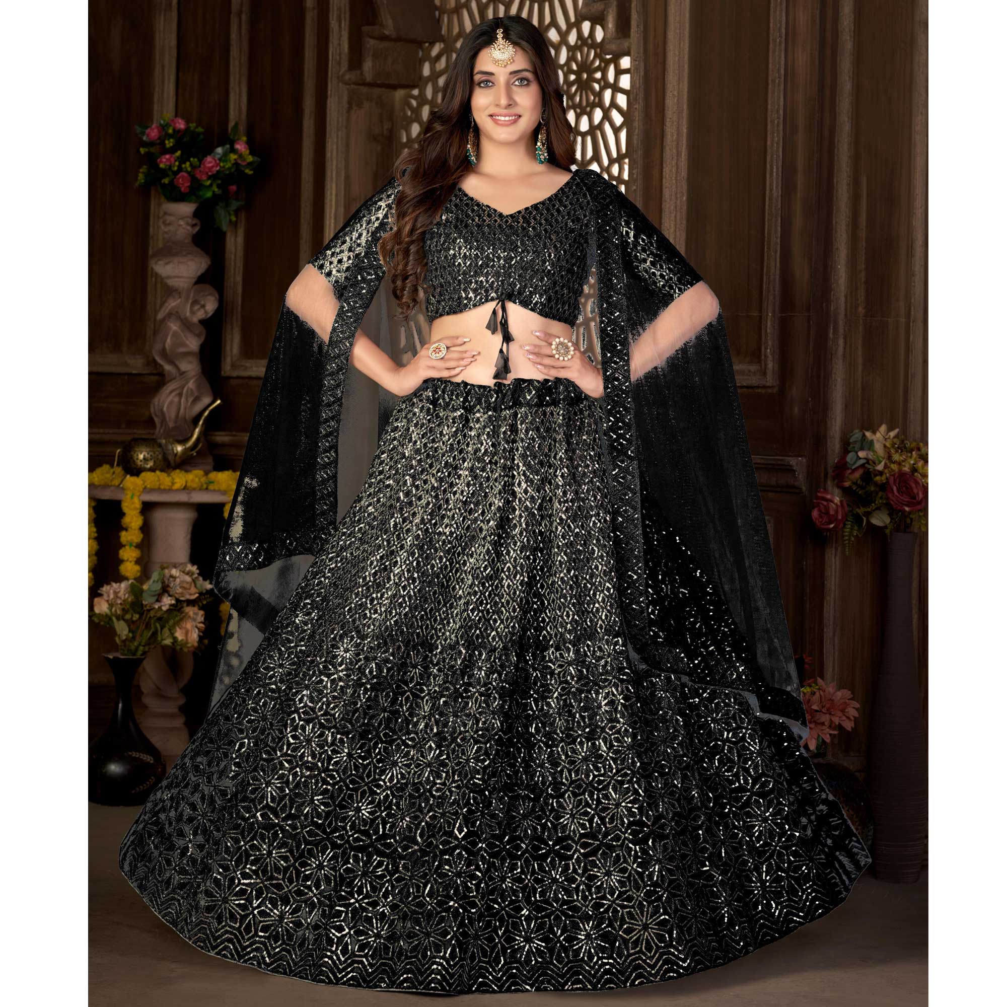 Black Sequins Embroidered Net Lehenga Choli