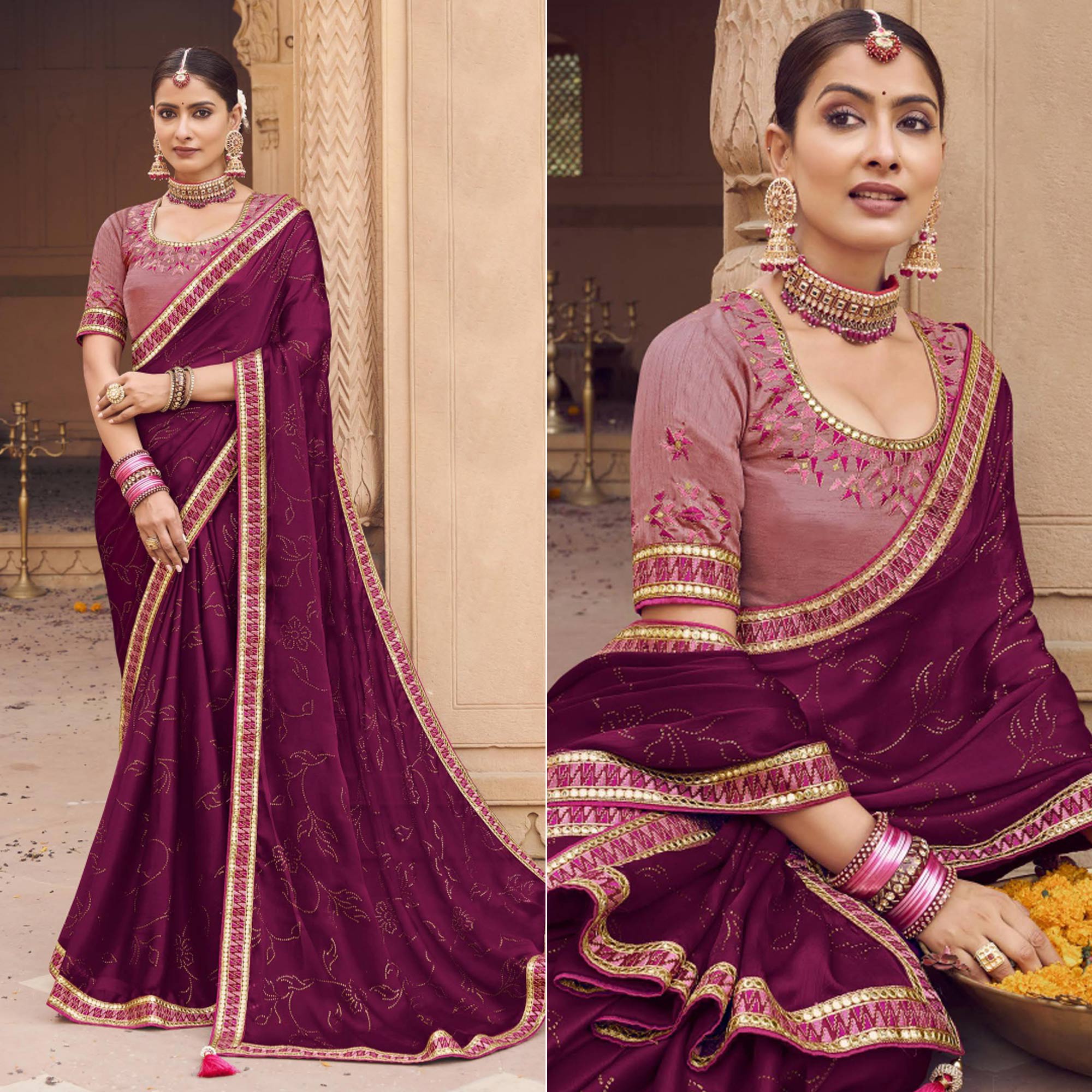 Purple Embellished With Embroidered Border Satin Saree