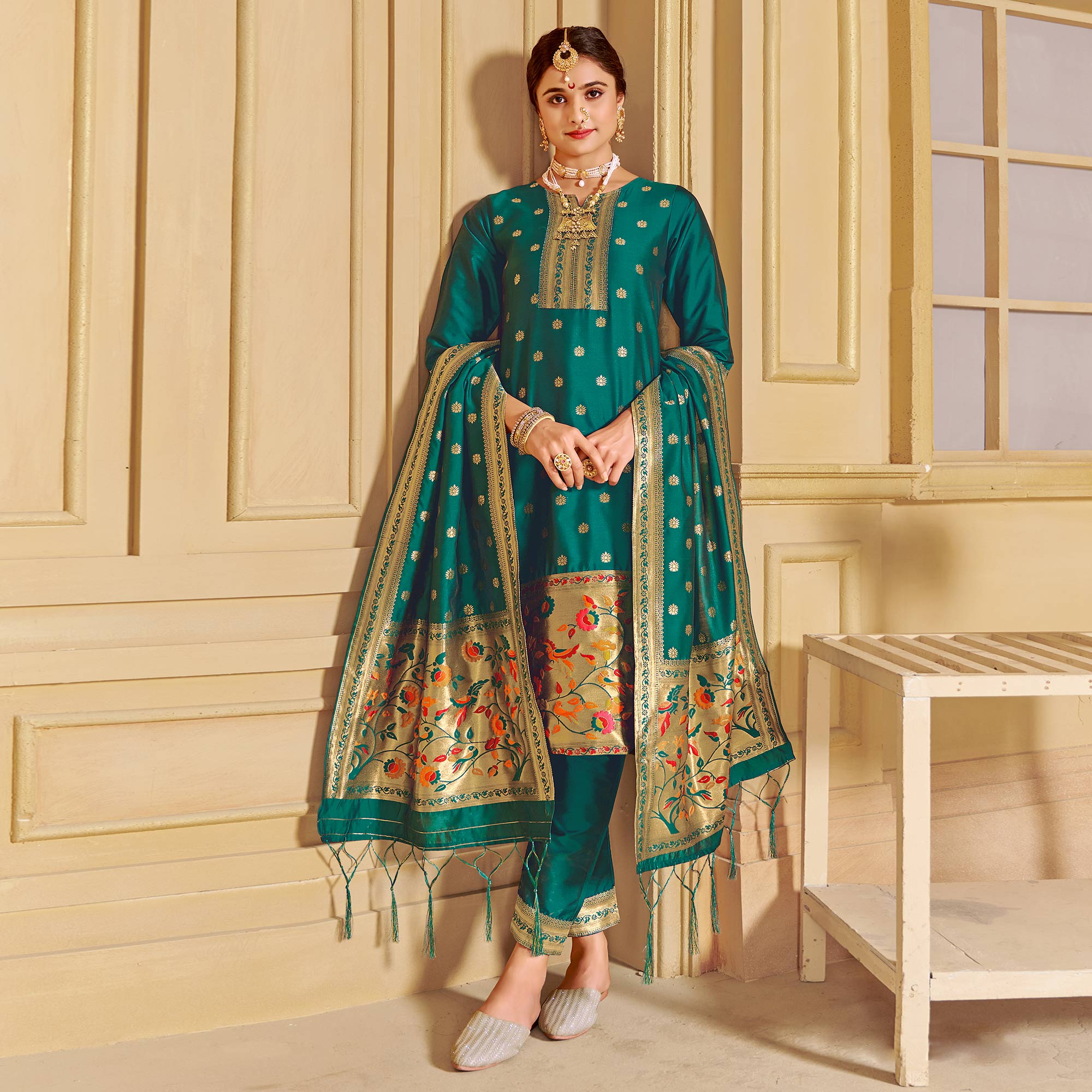 Green Floral Woven Tapetta Silk Salwar Suit