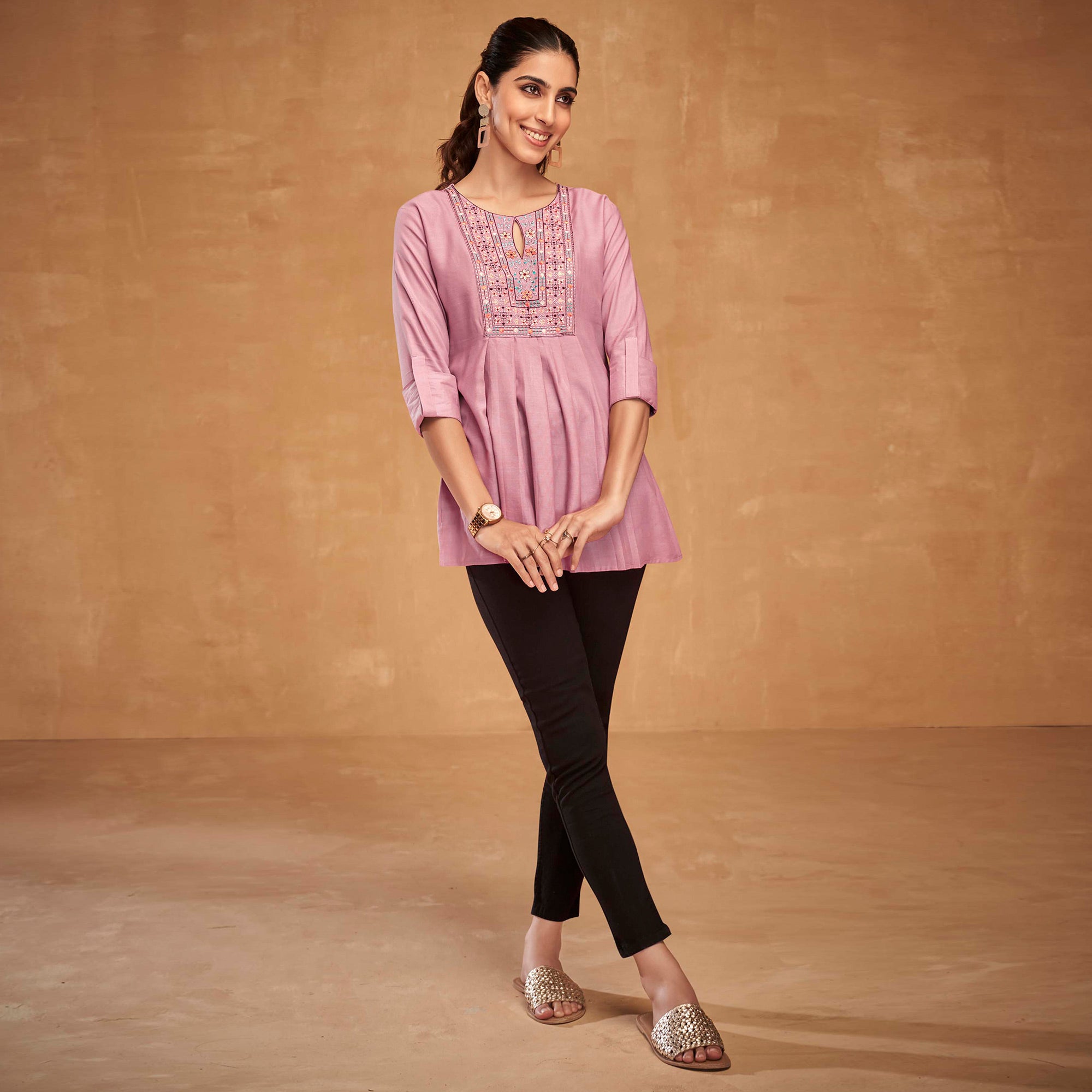 Pink Floral Embroidered Rayon Top