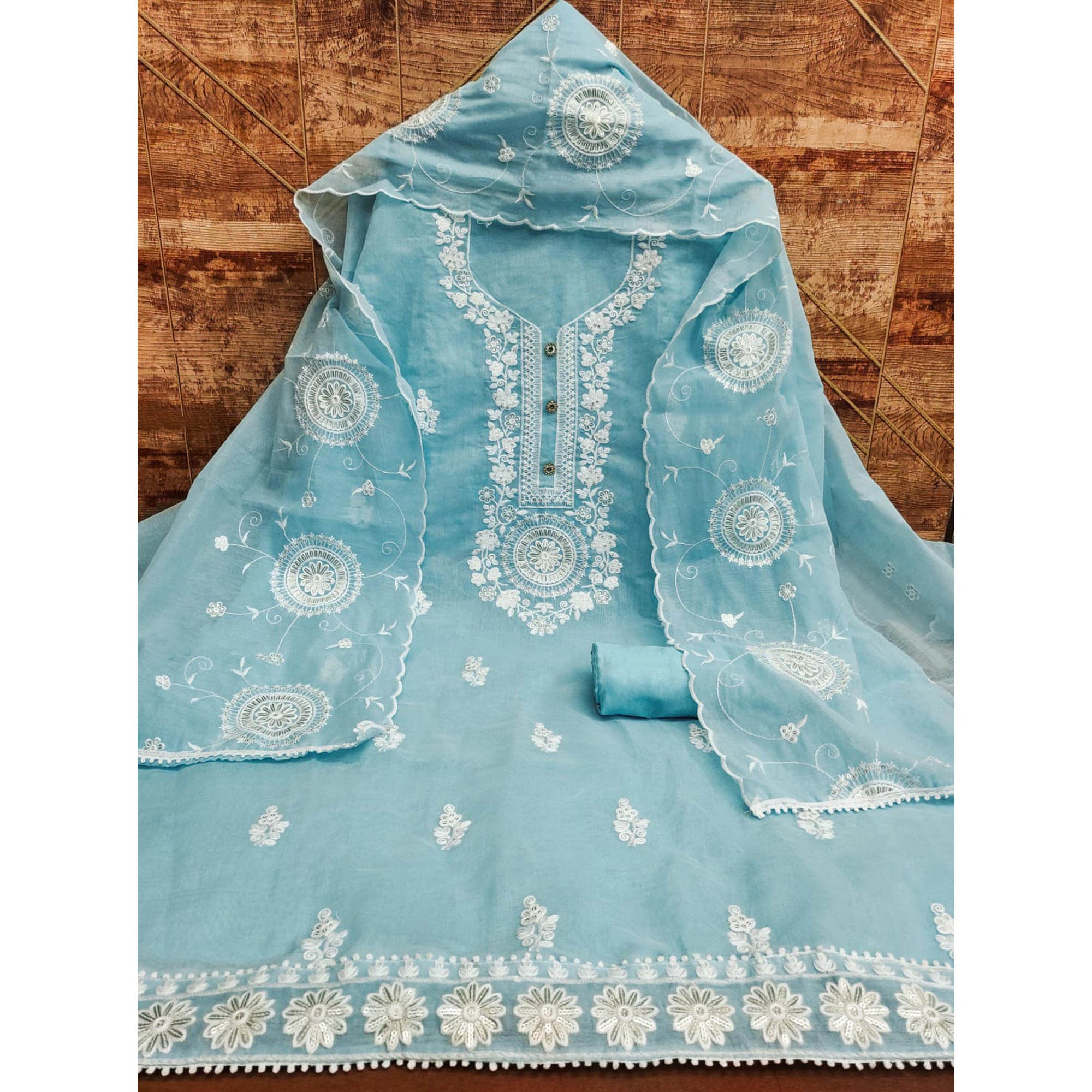 Blue Floral Embroidered Chanderi Dress Material