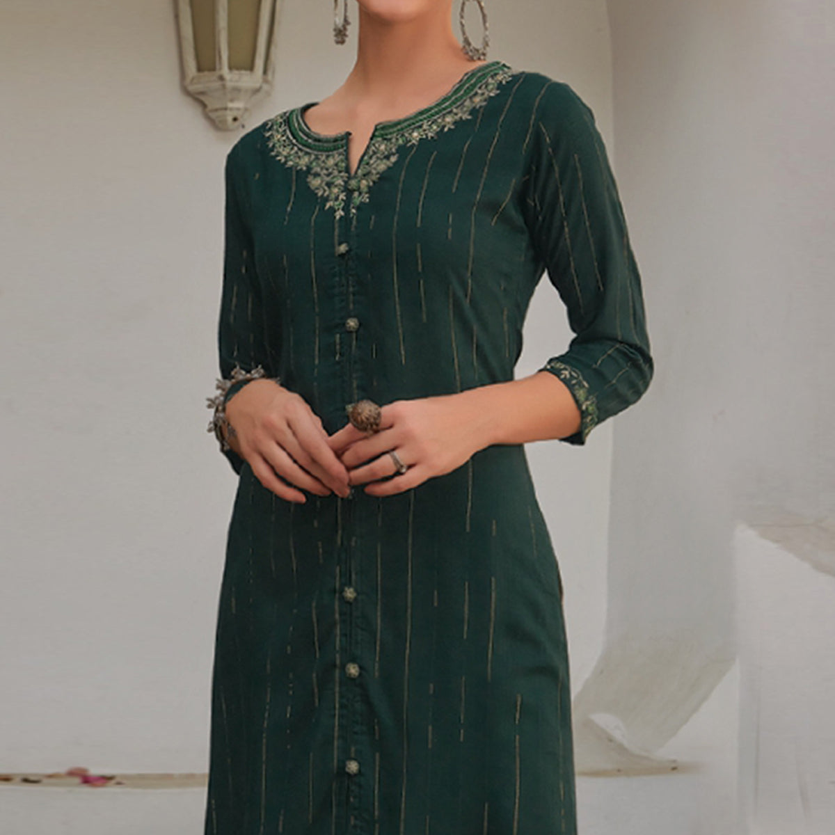 Dark Green Floral Embroidered Cotton Blend Kurti