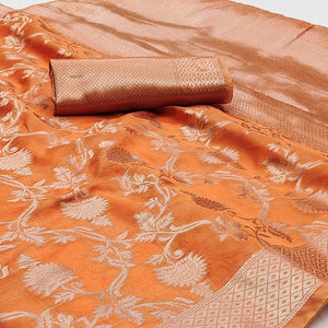 Orange Floral Woven Organza Saree
