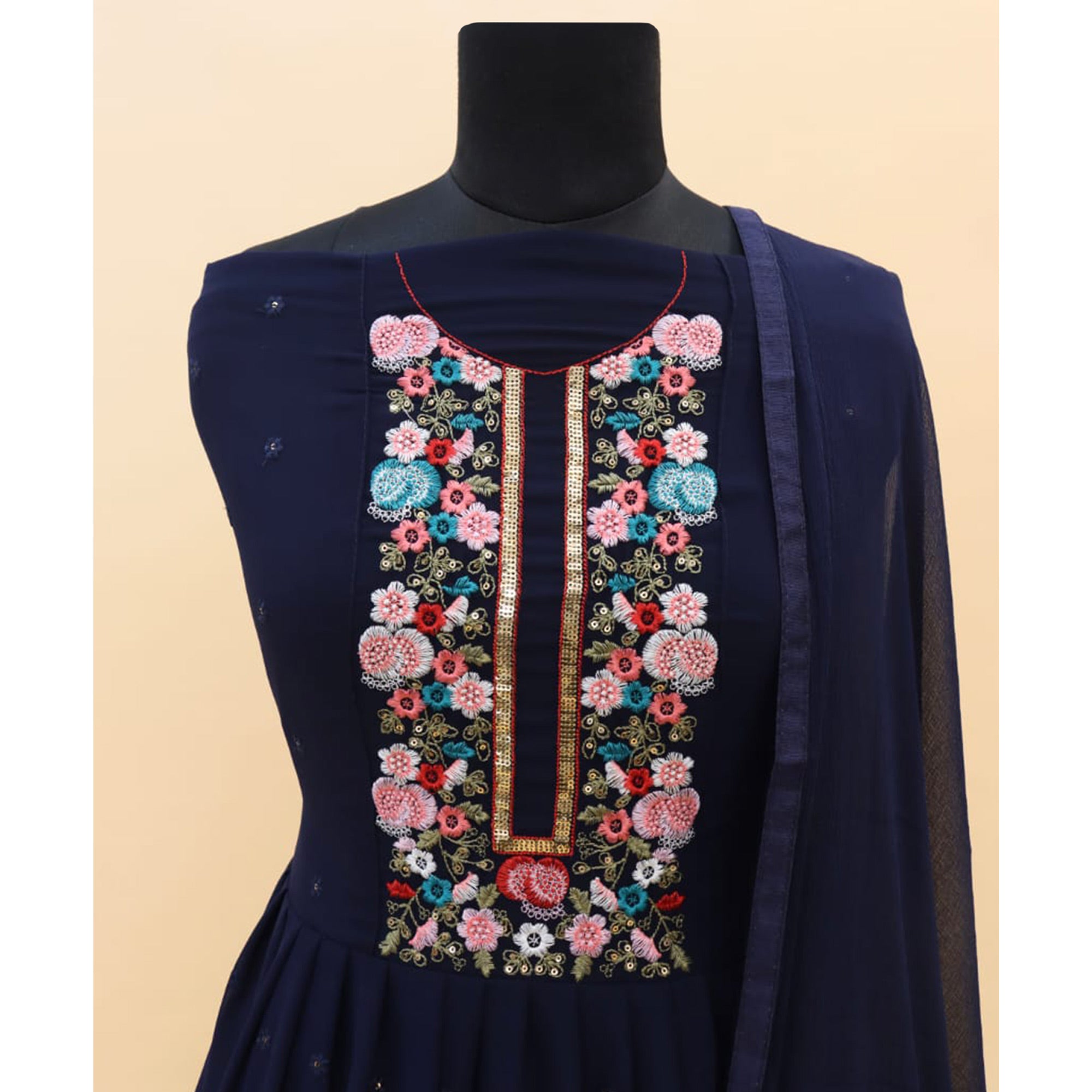 Navy Blue Embroidered Georgette Gown