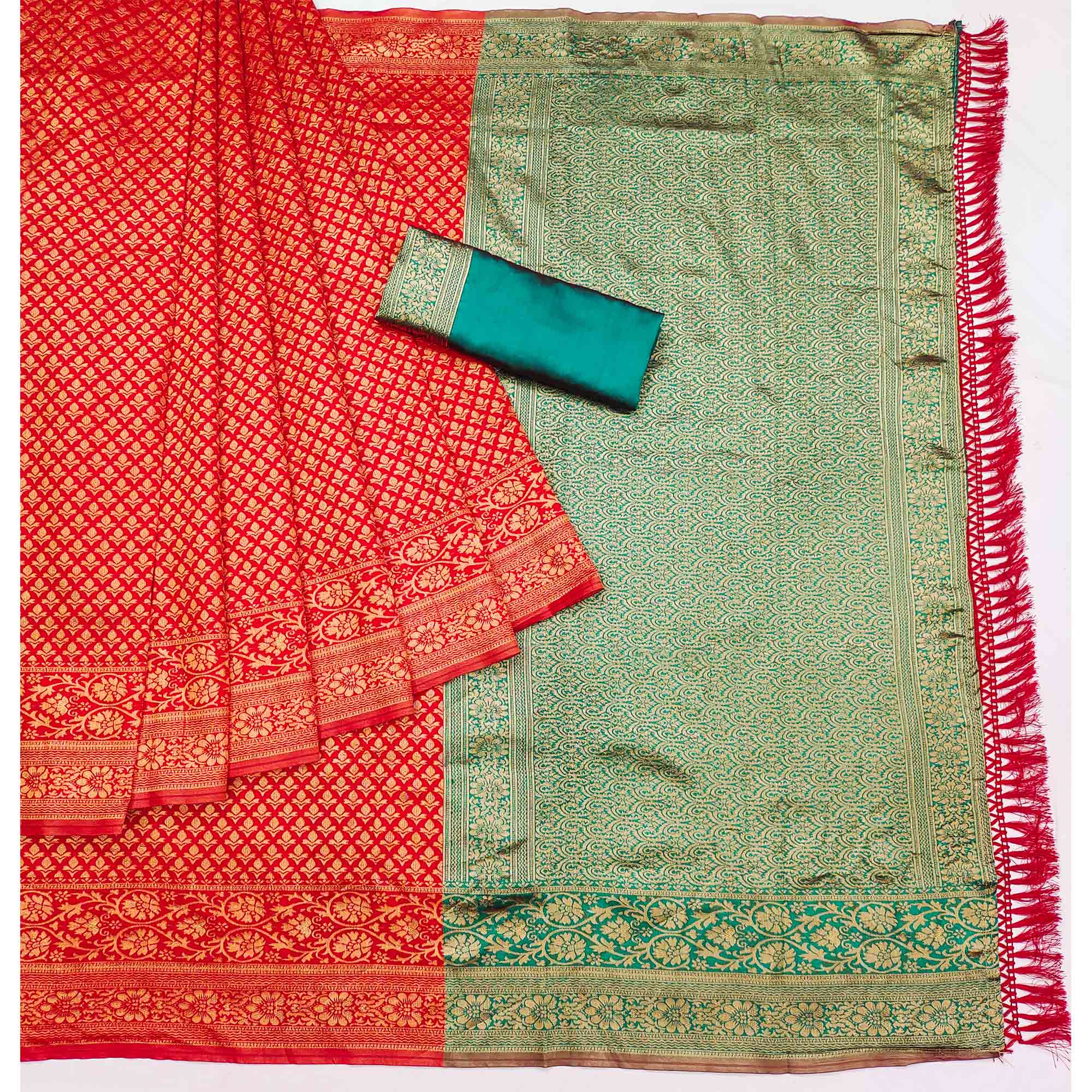 Red Floral Woven Jacquard Saree