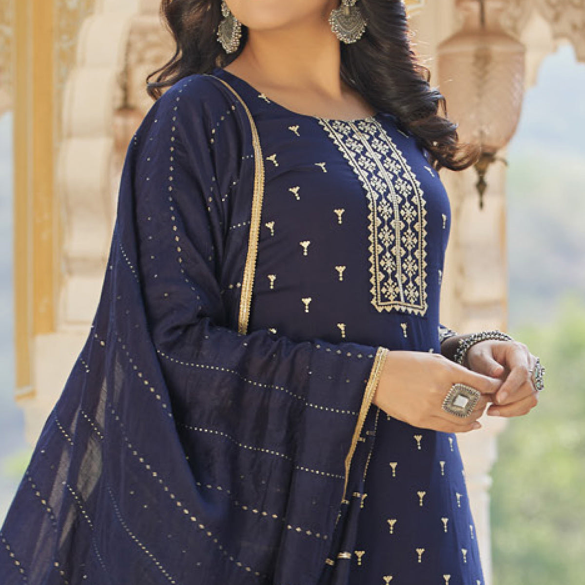 Navy Blue Embroidered Cotton Salwar Suit