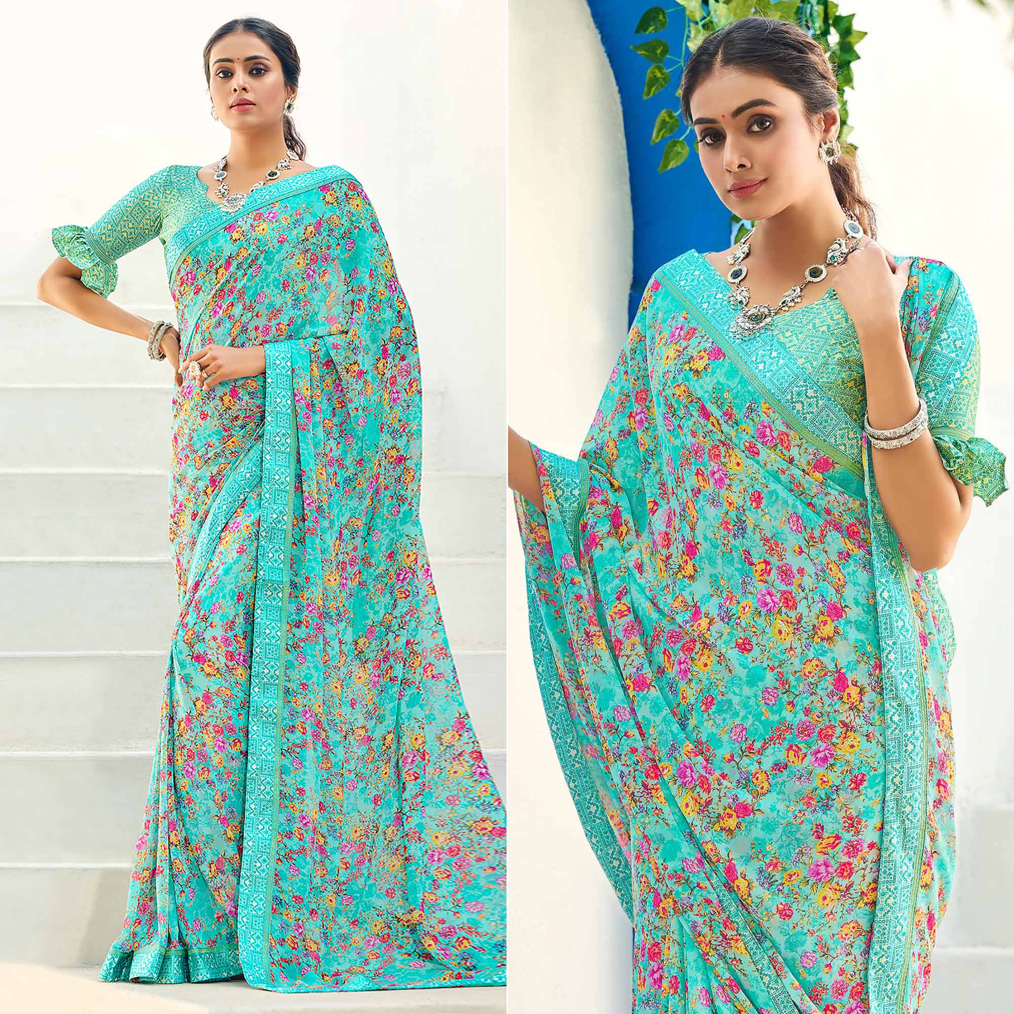 Blue Floral Printed Georgette Saree