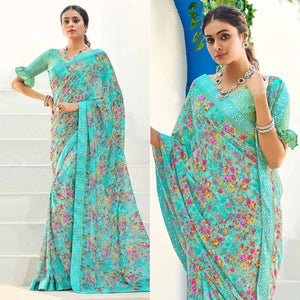 Blue Floral Printed Georgette Saree