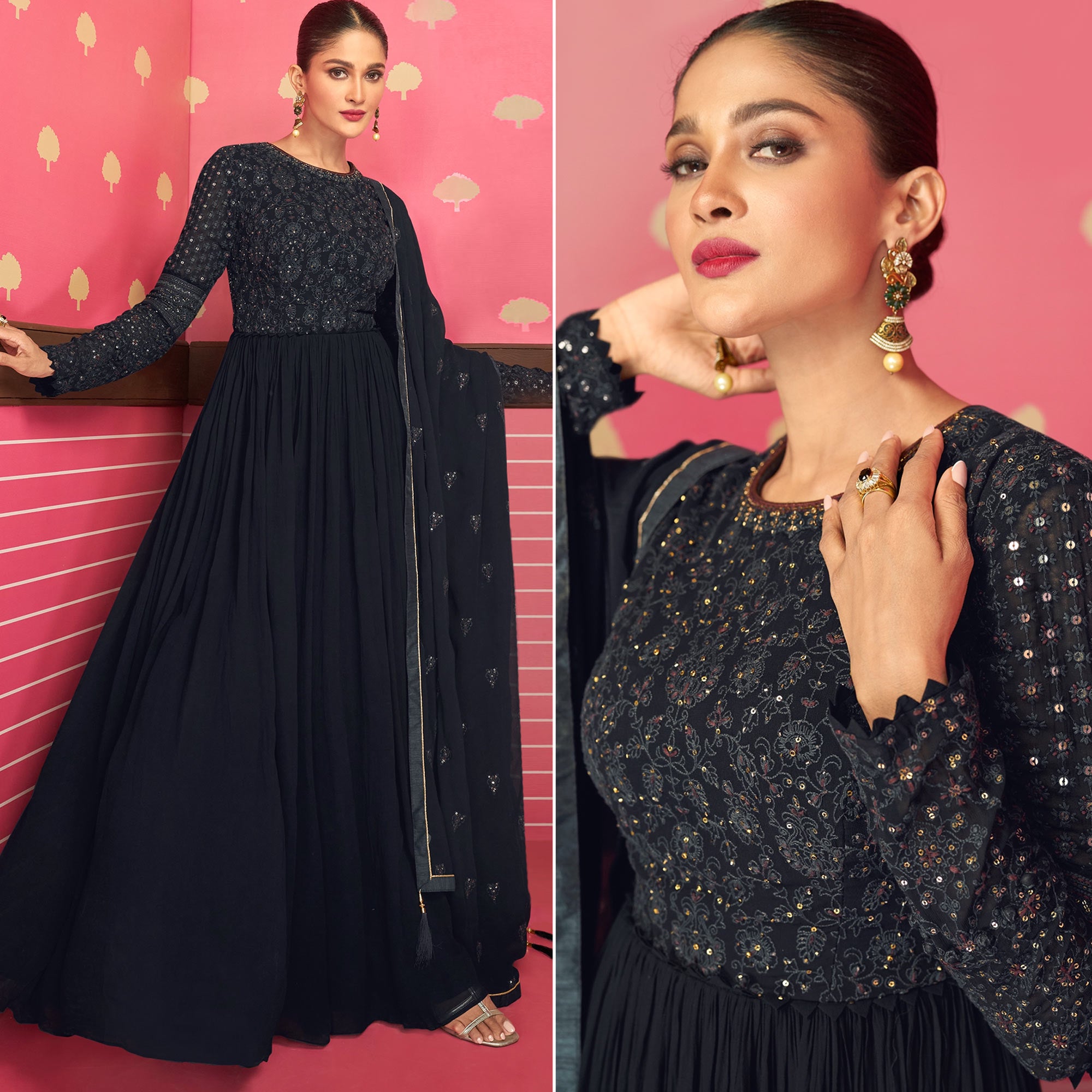 Black Sequins Embroidered Georgette Gown