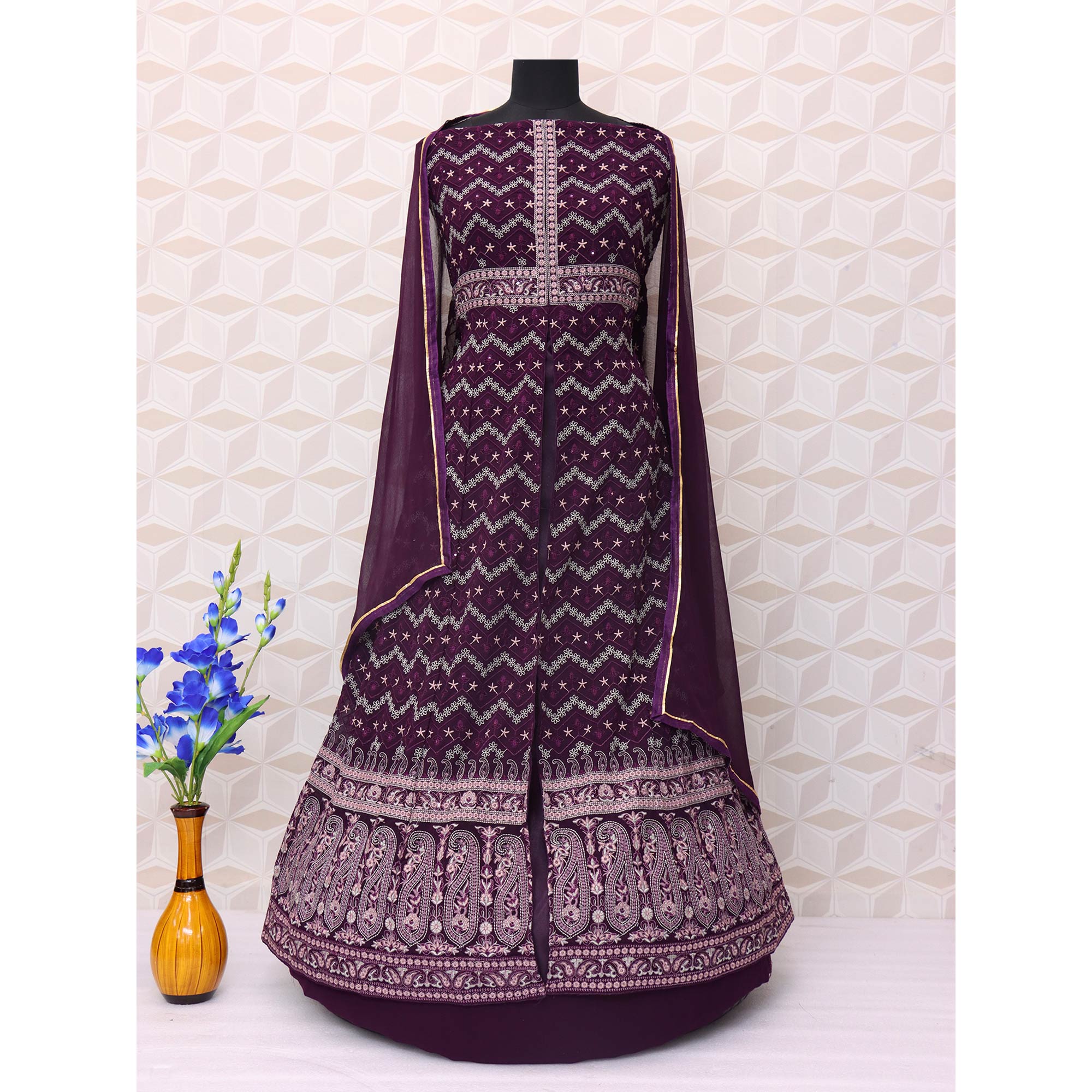 Purple Floral Embroidered Georgette Front Slit Suit