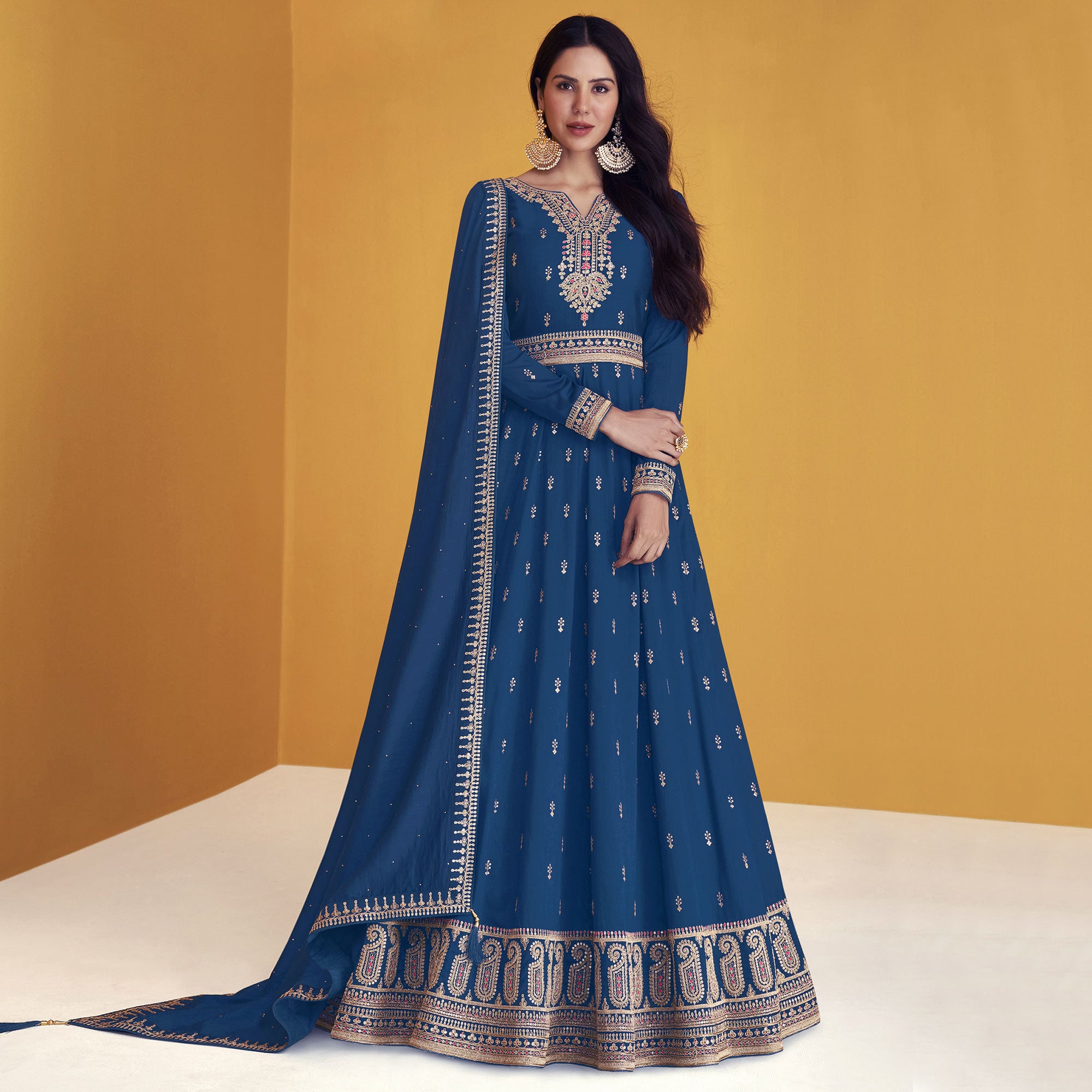 Blue Sequins Embroidered Georgette Semi Stitched Anarkali Suit