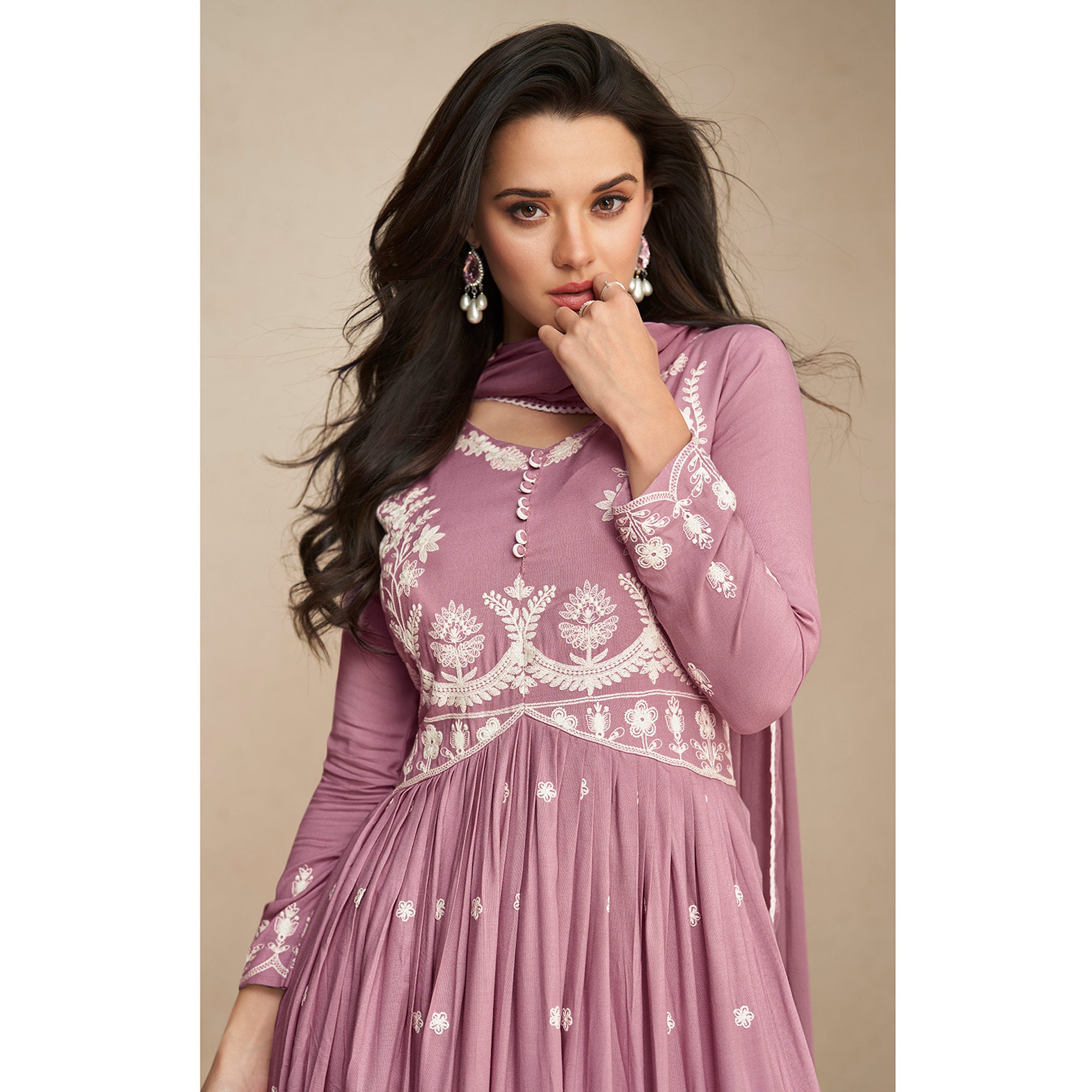 Mauve Lucknowi Embroidered Rayon Palazzo Suit