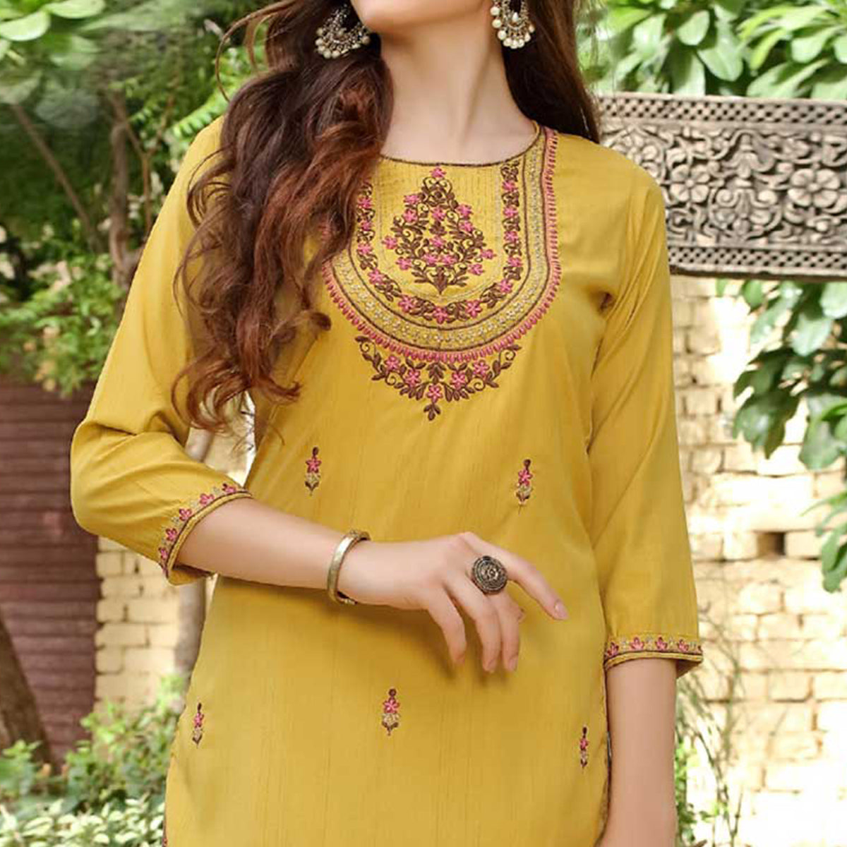 Yellow Floral Embroidered Muslin Kurti