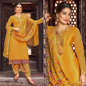 Mustard Floral Embroidered Crepe Patiala Suit