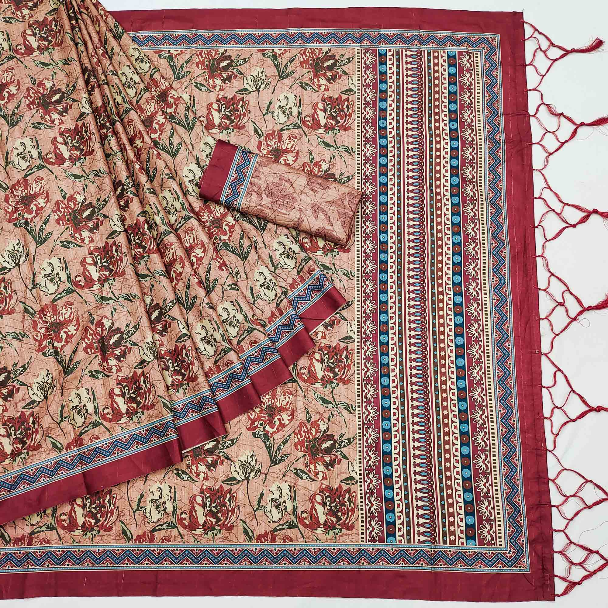 Peach Floral Digital Printed Tussar Silk Saree With Tassels