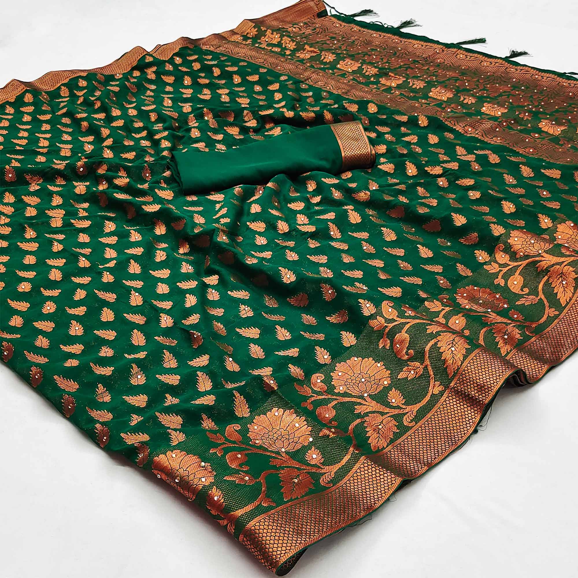 Green Floral Woven Chiffon Saree