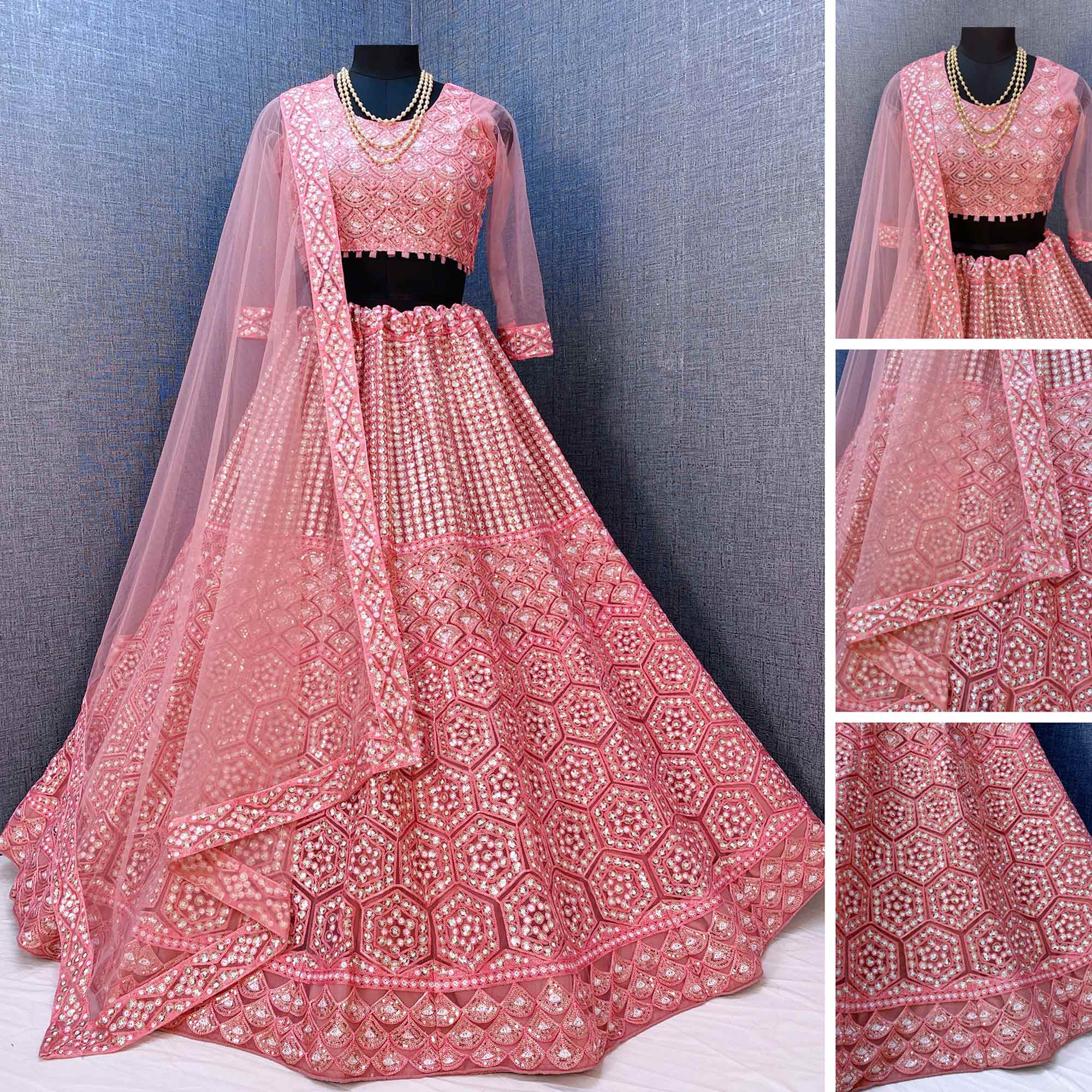 Pink Sequins Embroidered Netted Lehenga Choli