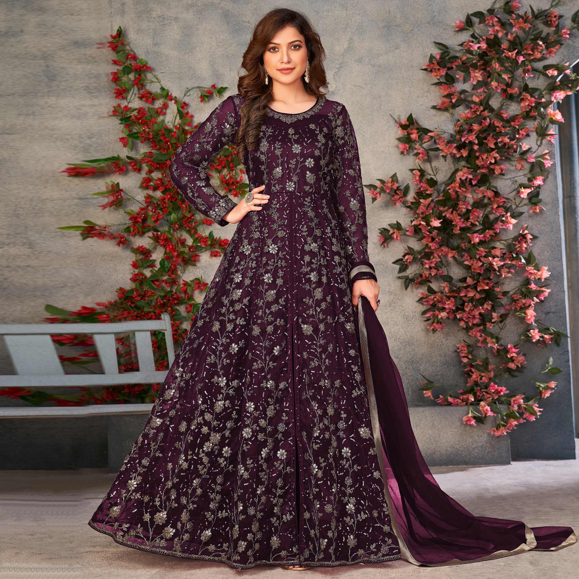 Purple Zardosi Work Netted Gown