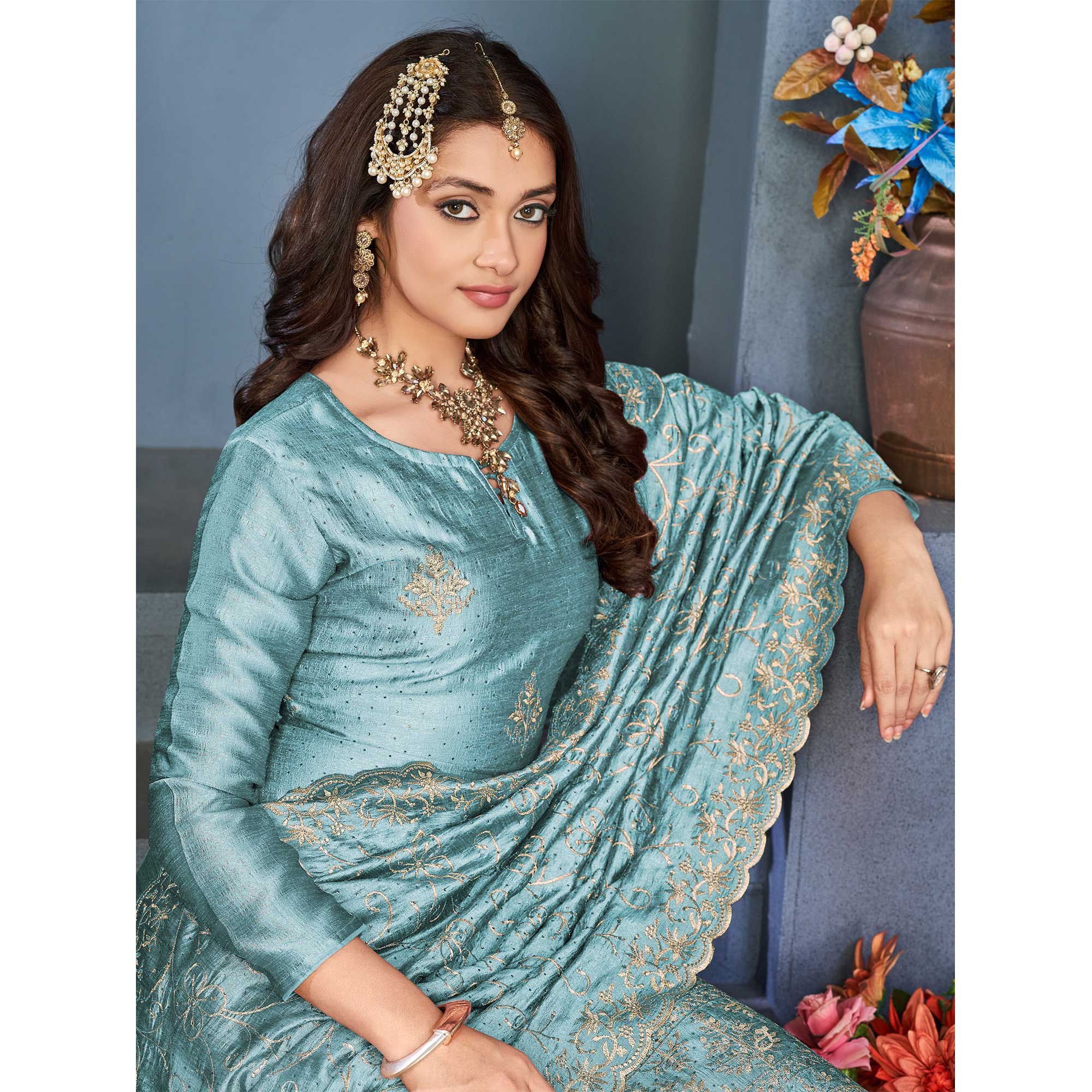 Sky Blue Sequins Embroidered Vichitra Silk Suit