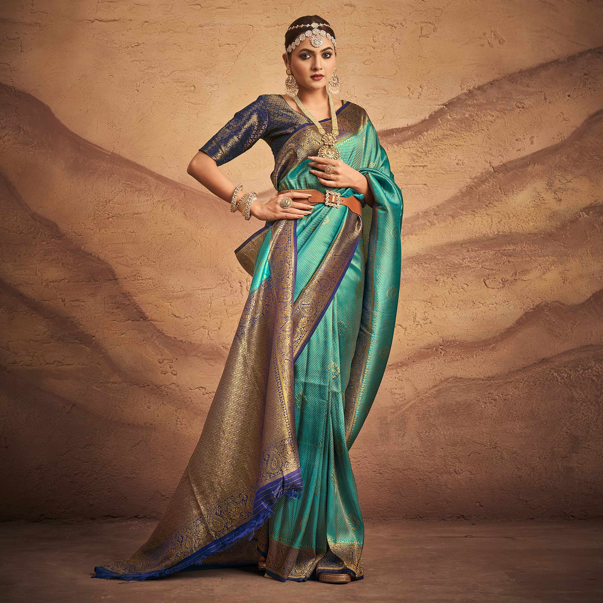 Blue Woven Art Silk Saree With Tassels