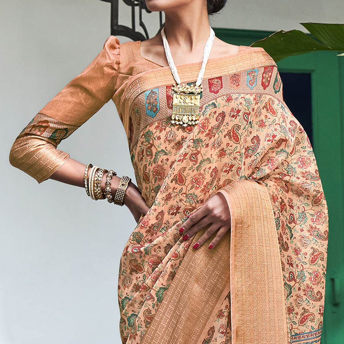 Peach Digital Printed Linen Saree