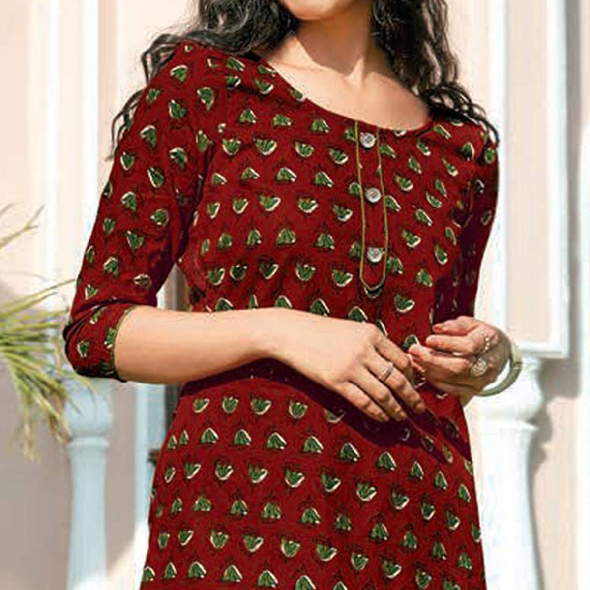 Maroon Floral Printed Cotton Blend Kurti