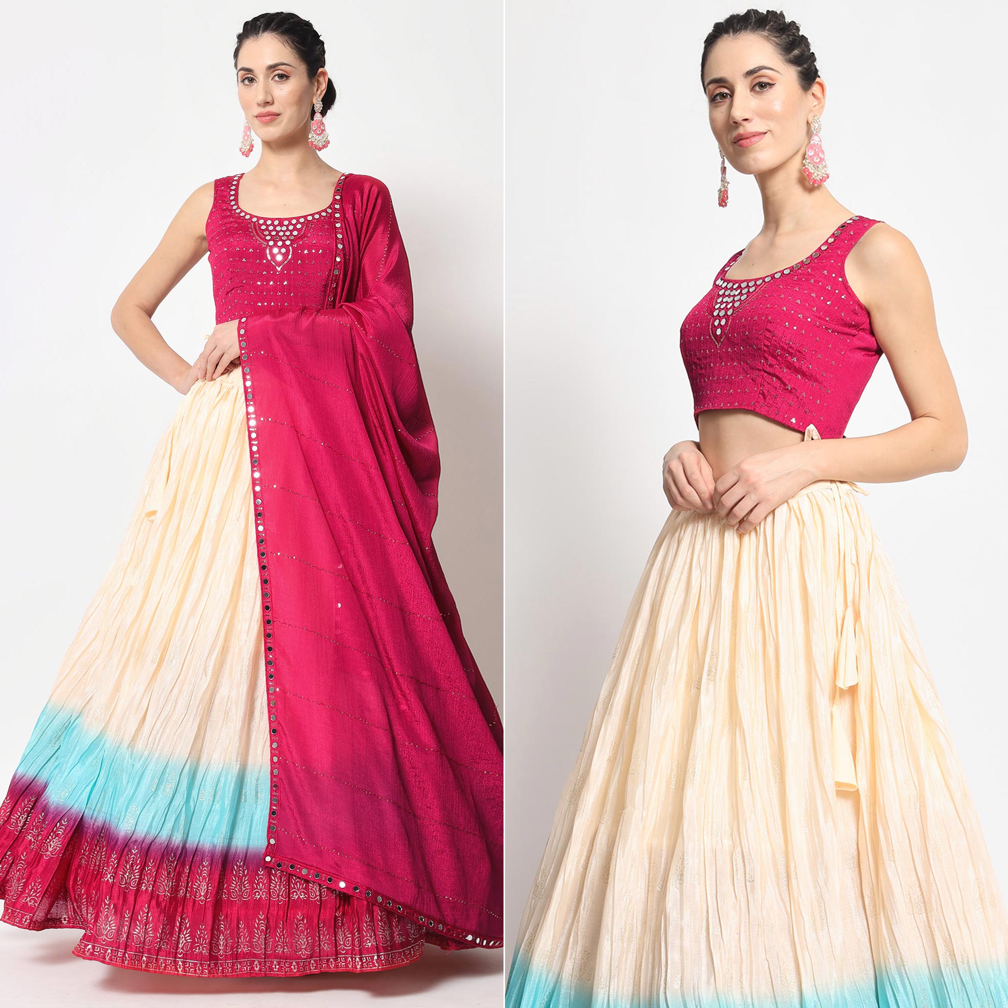 Cream Foil Printed Chiffon Lehenga Choli