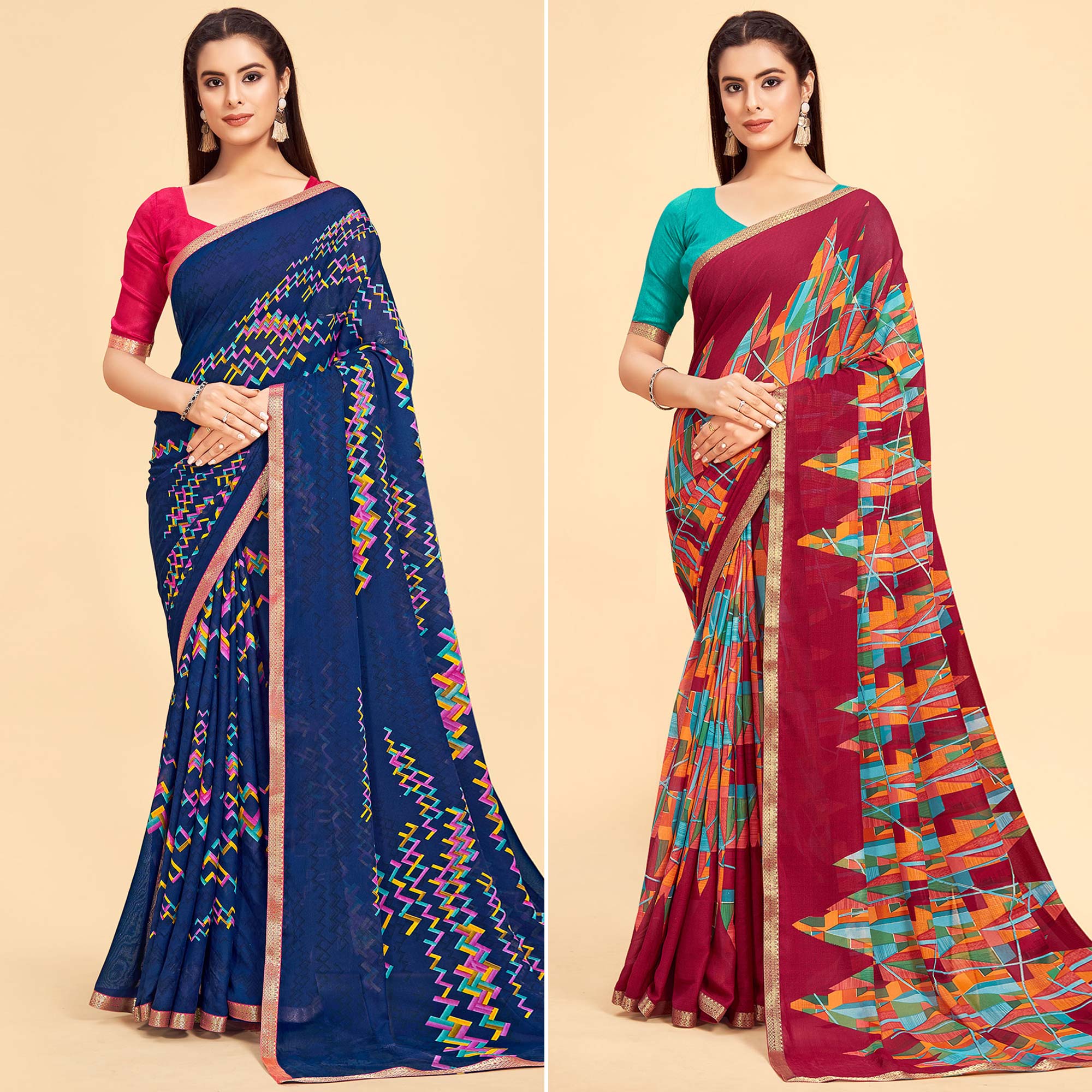 Blue And Pink Printed Art Silk Saree Pack Of 2