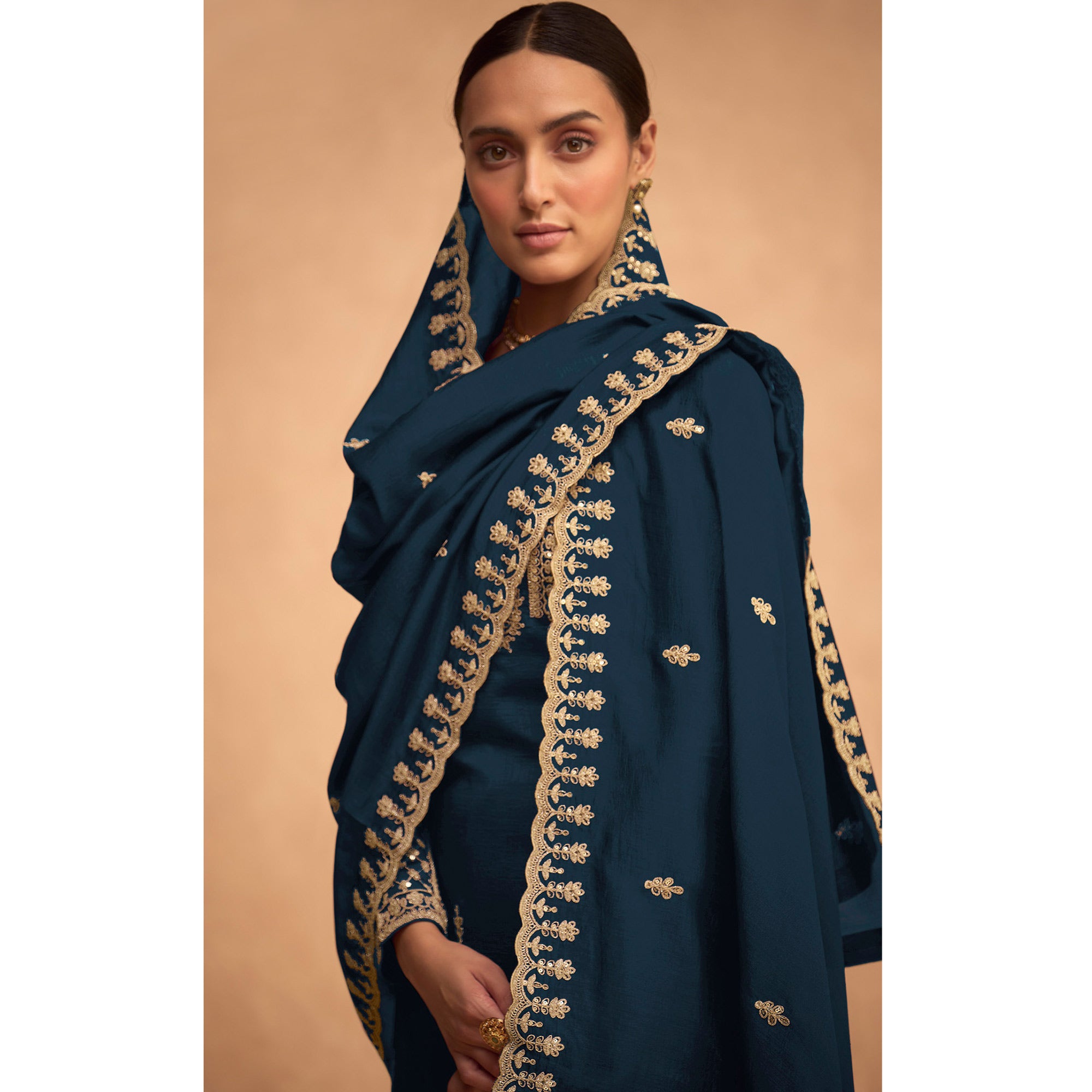 Teal Blue Sequins Embroidered Georgette Palazzo Suit