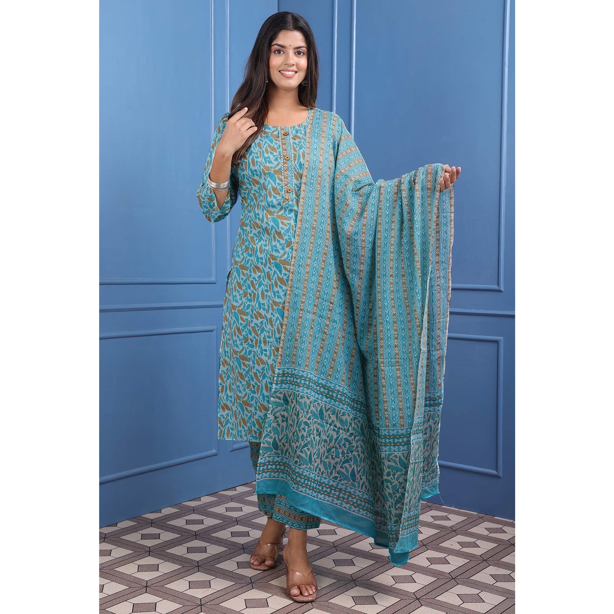 Turquoise Floral Printed Pure Cotton Suit