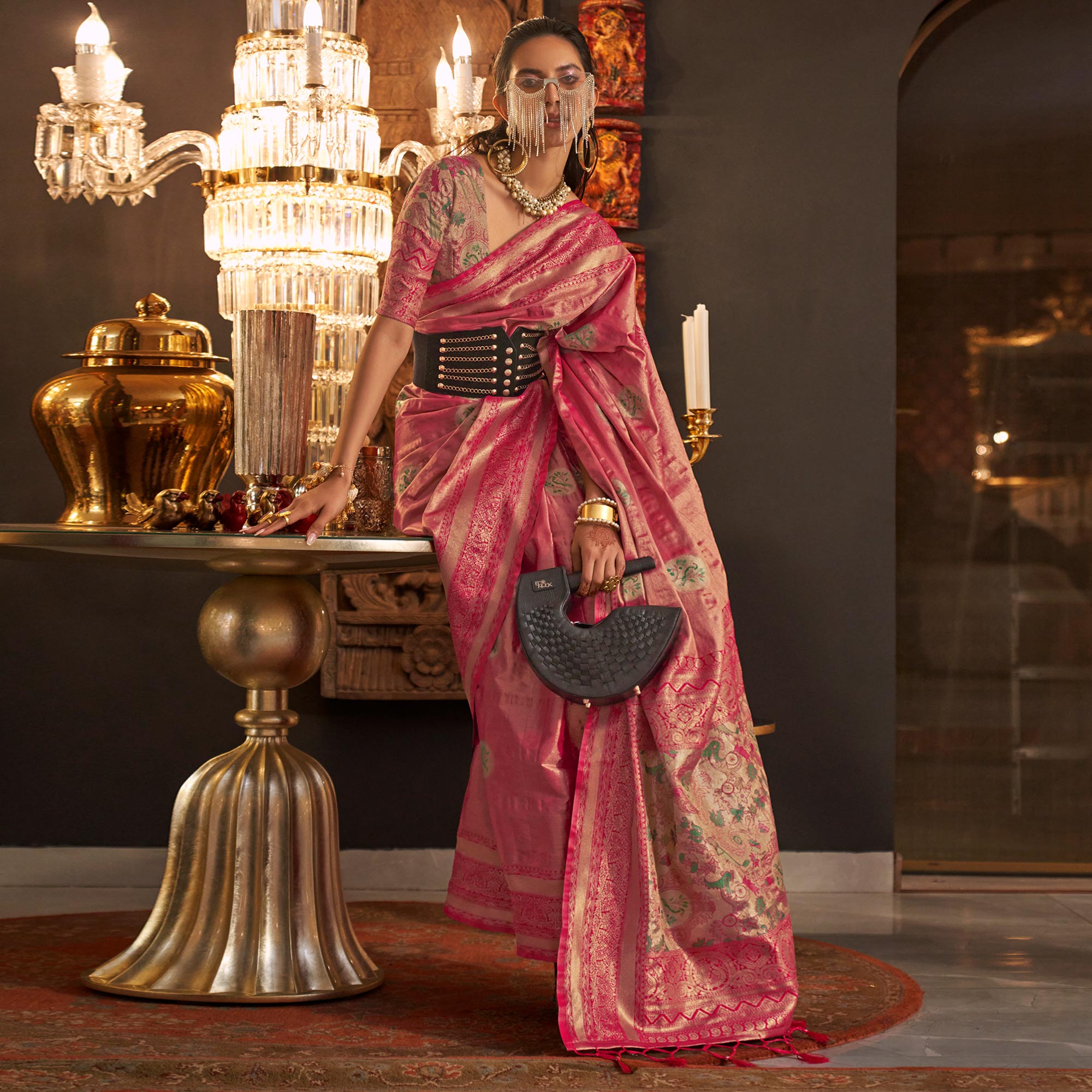 Pink Woven Art Silk Saree With Tassels